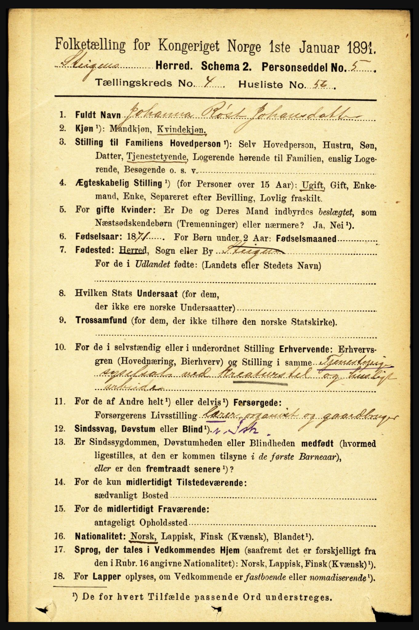 RA, 1891 census for 1848 Steigen, 1891, p. 1803