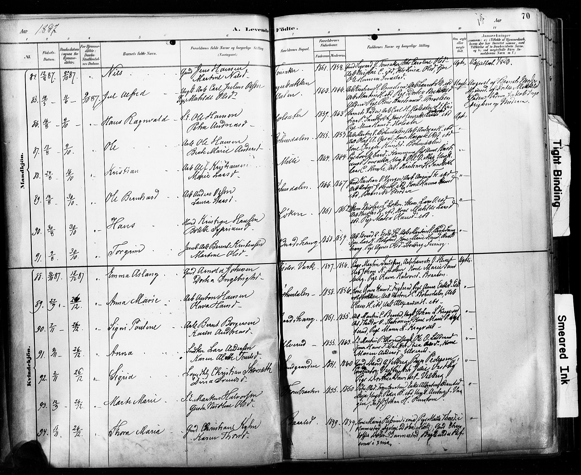 Eidsvoll prestekontor Kirkebøker, SAO/A-10888/F/Fa/L0002: Parish register (official) no. I 2, 1882-1895, p. 70