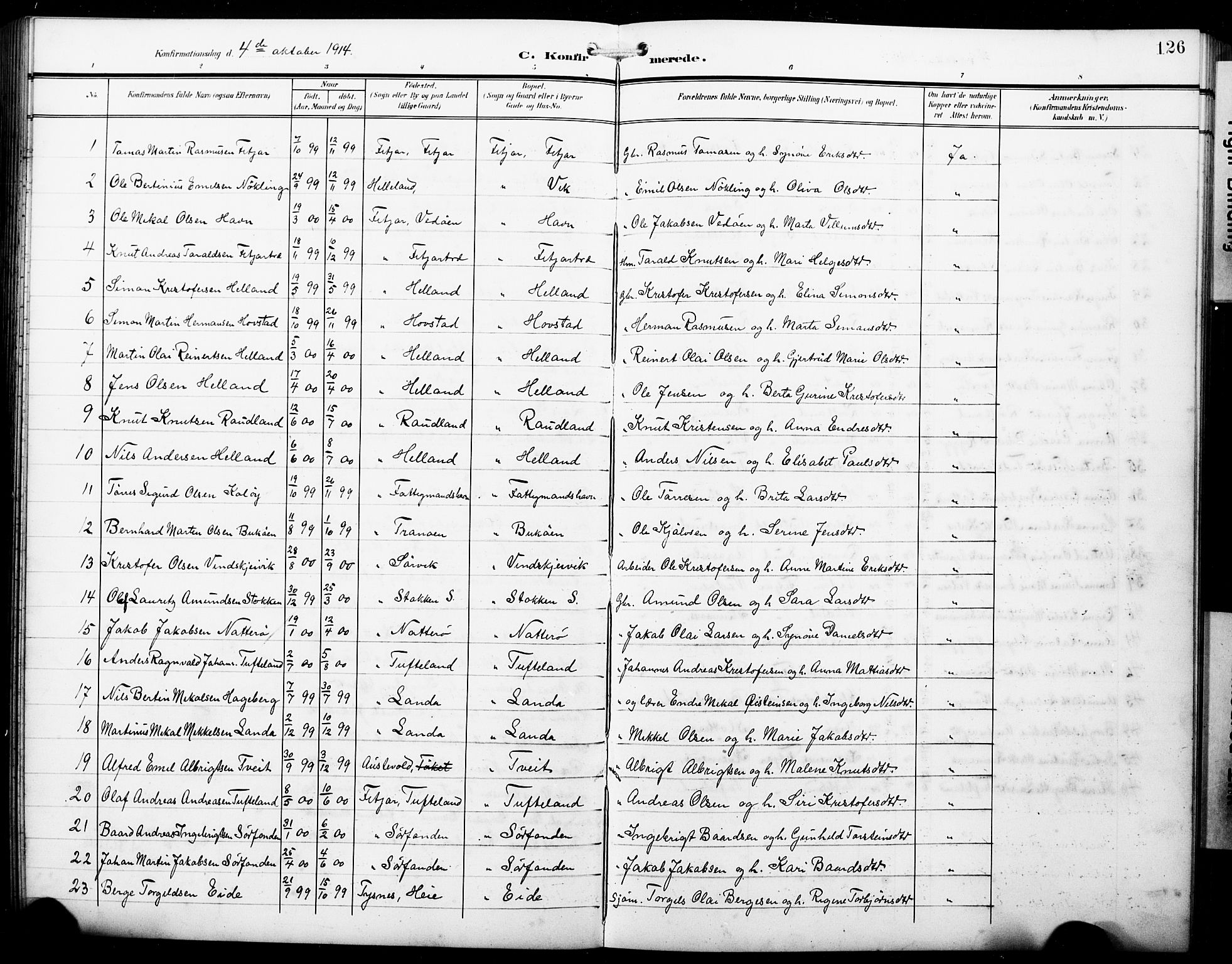 Fitjar sokneprestembete, AV/SAB-A-99926: Parish register (copy) no. B 1, 1906-1928, p. 126