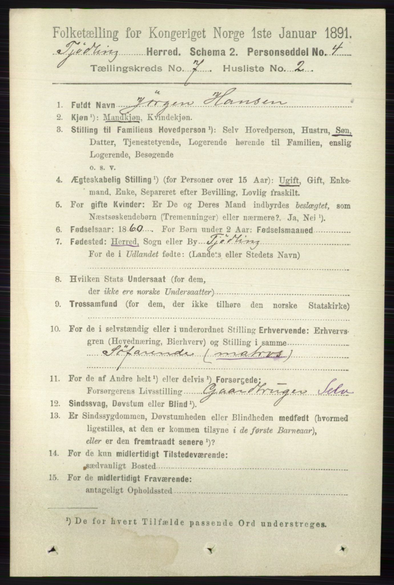 RA, 1891 census for 0725 Tjølling, 1891, p. 3677