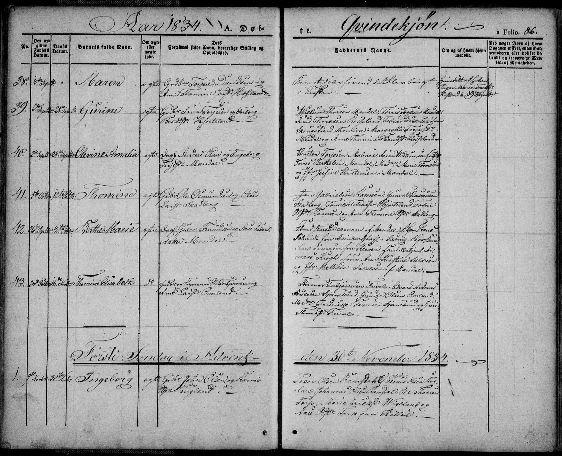 Mandal sokneprestkontor, AV/SAK-1111-0030/F/Fa/Faa/L0011: Parish register (official) no. A 11, 1830-1839, p. 86