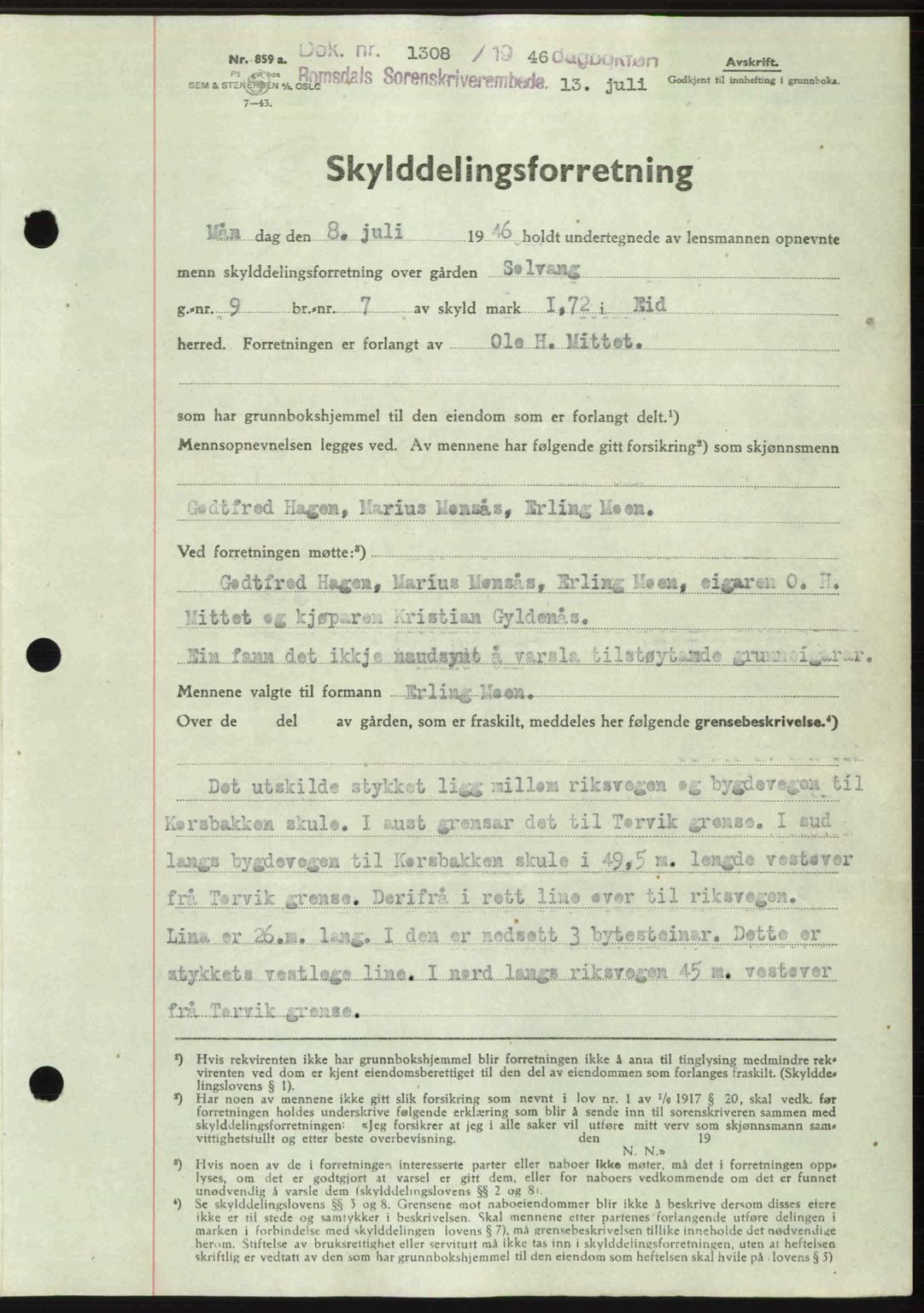 Romsdal sorenskriveri, AV/SAT-A-4149/1/2/2C: Mortgage book no. A20, 1946-1946, Diary no: : 1308/1946