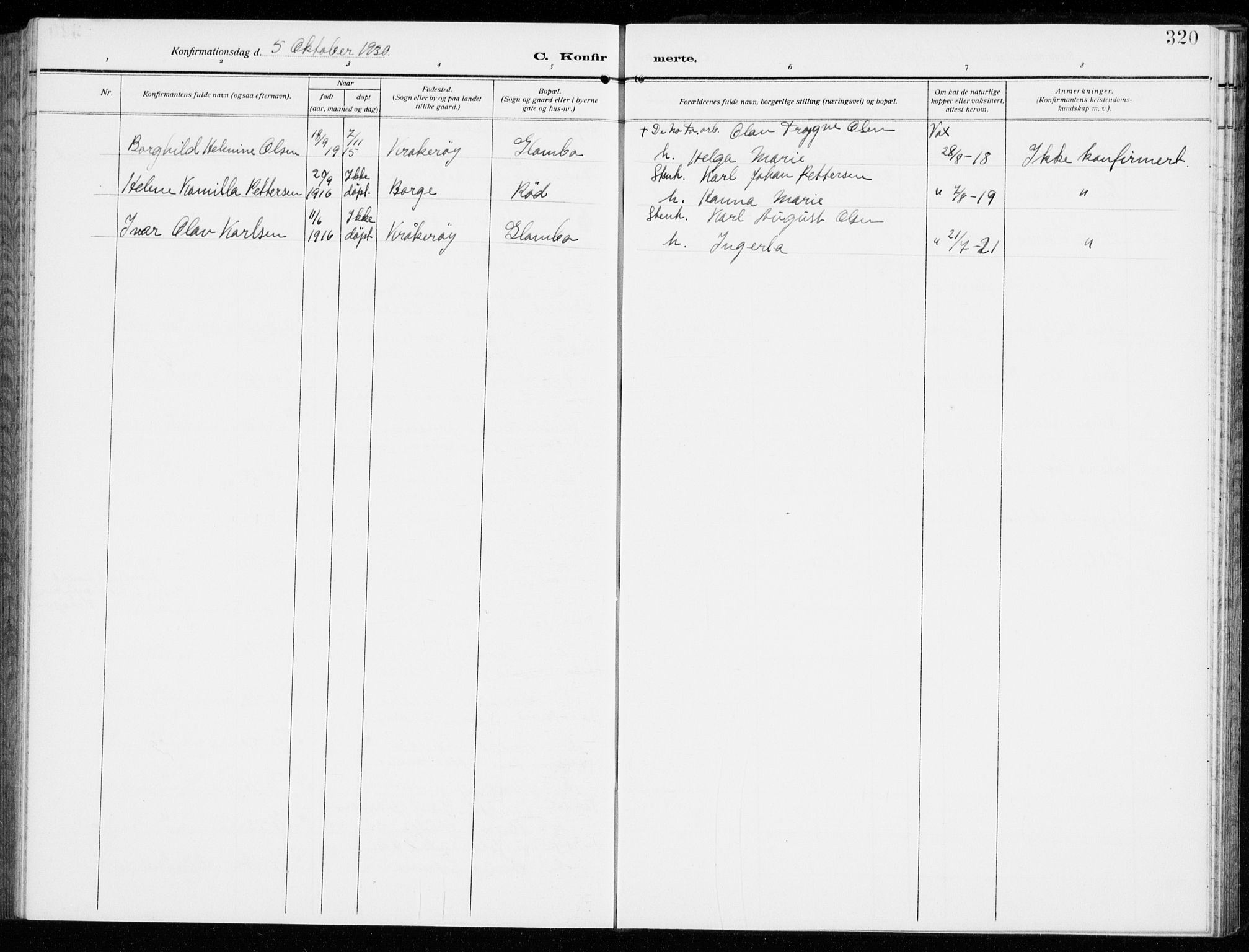 Kråkerøy prestekontor Kirkebøker, AV/SAO-A-10912/G/Ga/L0001: Parish register (copy) no. 1, 1908-1944, p. 320