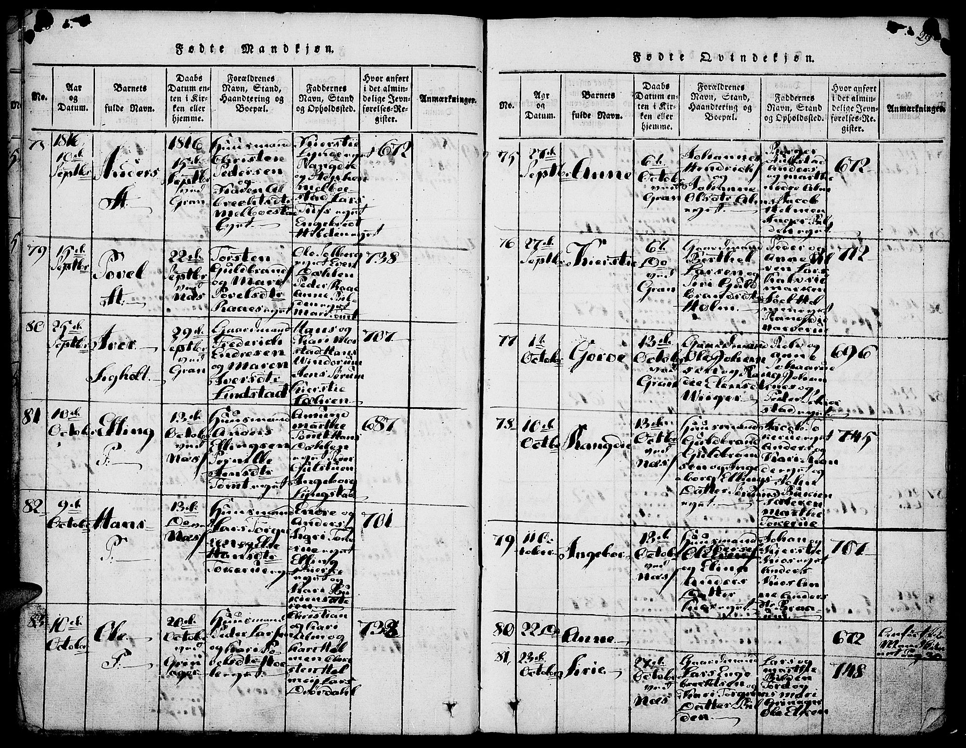 Gran prestekontor, AV/SAH-PREST-112/H/Ha/Haa/L0009: Parish register (official) no. 9, 1815-1824, p. 28-29