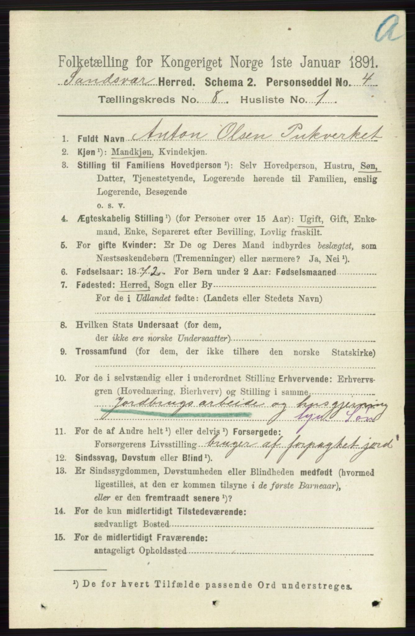 RA, 1891 census for 0629 Sandsvær, 1891, p. 4289