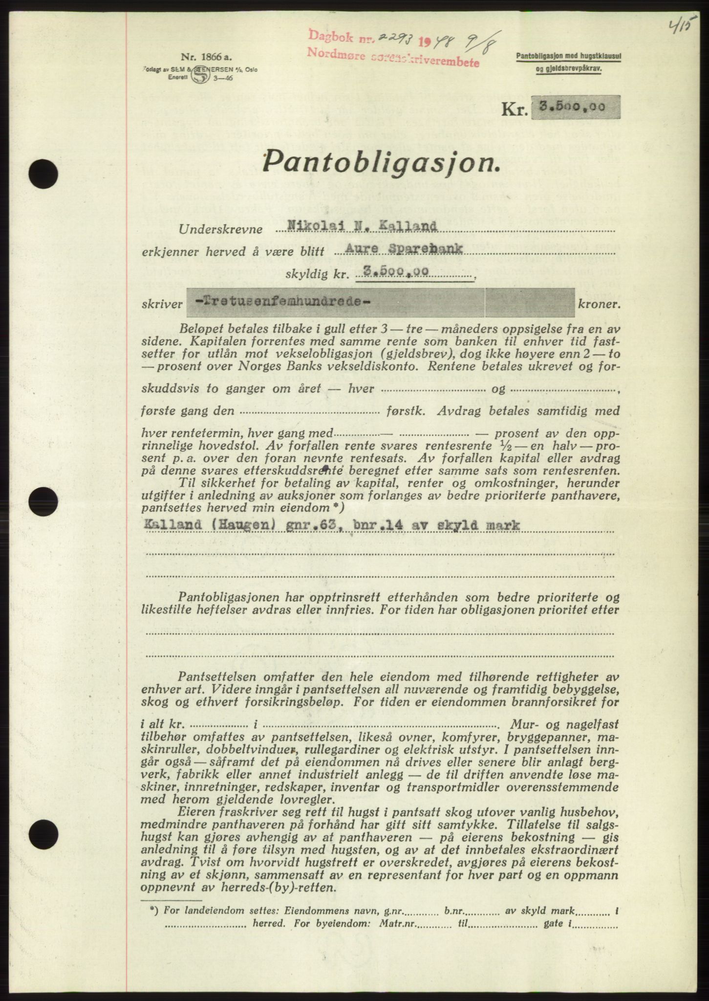 Nordmøre sorenskriveri, AV/SAT-A-4132/1/2/2Ca: Mortgage book no. B99, 1948-1948, Diary no: : 2293/1948