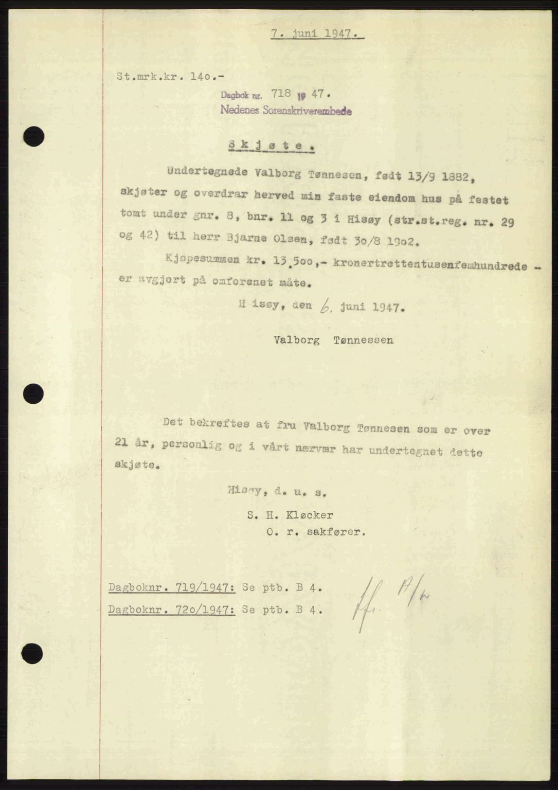 Nedenes sorenskriveri, SAK/1221-0006/G/Gb/Gba/L0057: Mortgage book no. A9, 1947-1947, Diary no: : 718/1947