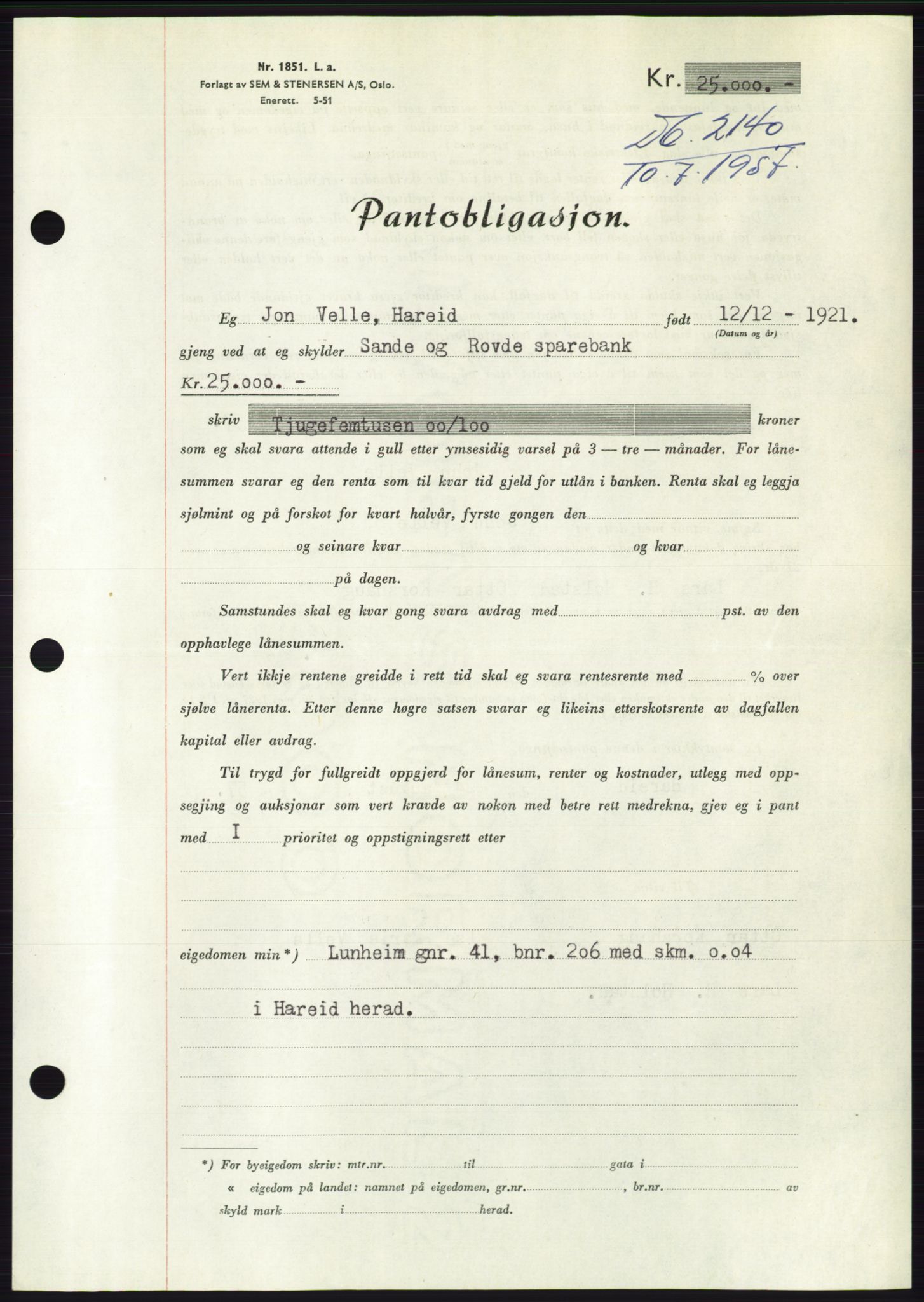 Søre Sunnmøre sorenskriveri, AV/SAT-A-4122/1/2/2C/L0130: Mortgage book no. 18B, 1957-1958, Diary no: : 2140/1957