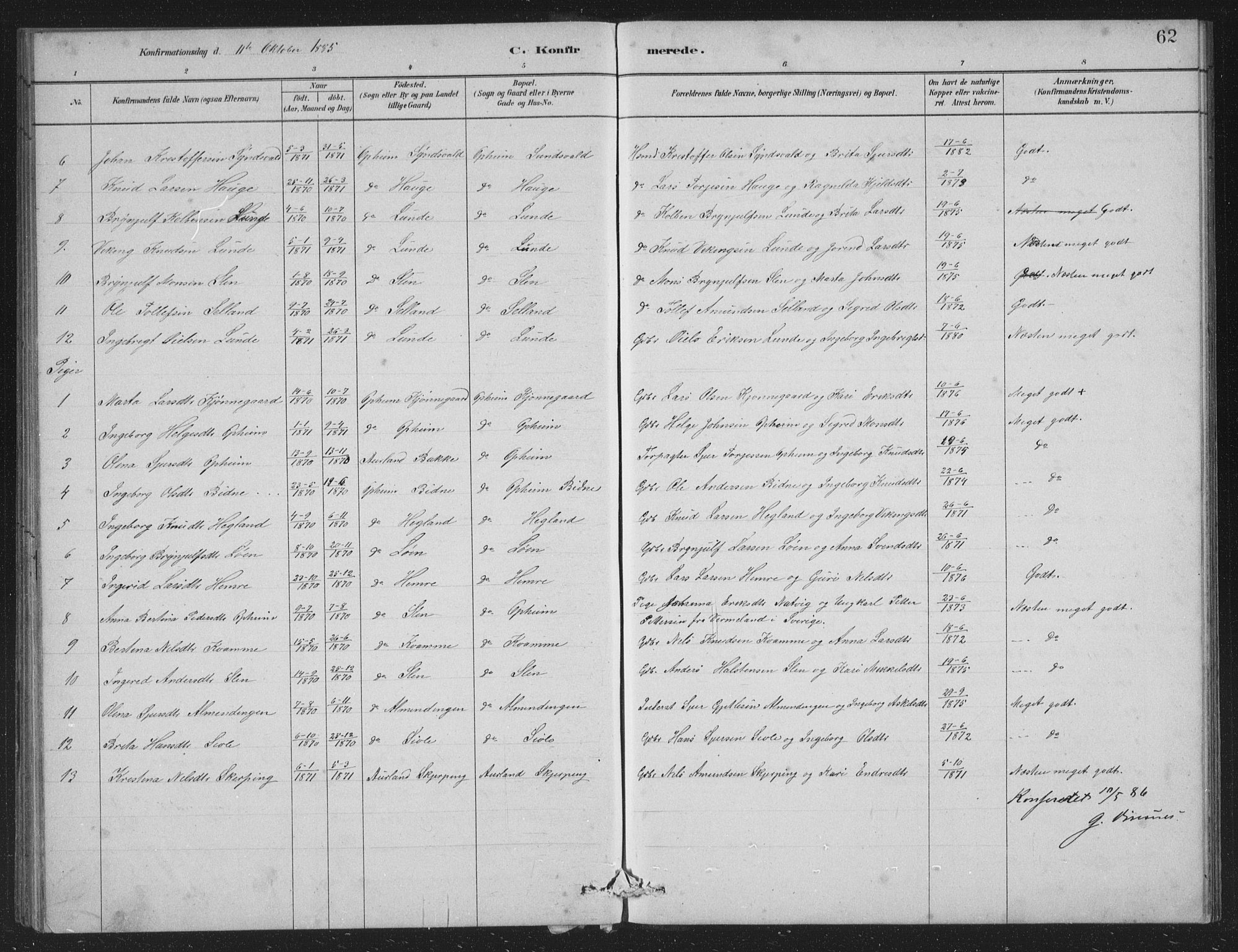 Vossestrand Sokneprestembete, SAB/A-79101/H/Hab: Parish register (copy) no. A 2, 1880-1902, p. 62
