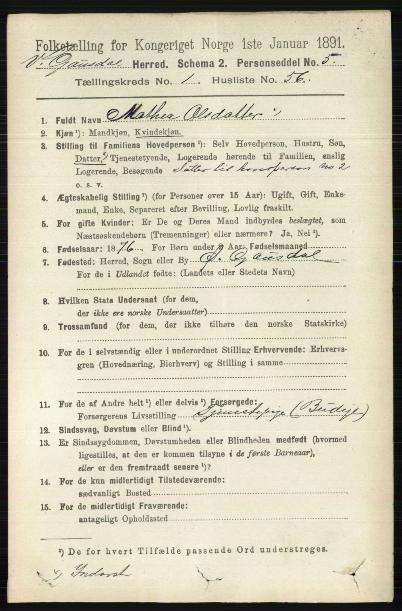 RA, 1891 census for 0523 Vestre Gausdal, 1891, p. 382