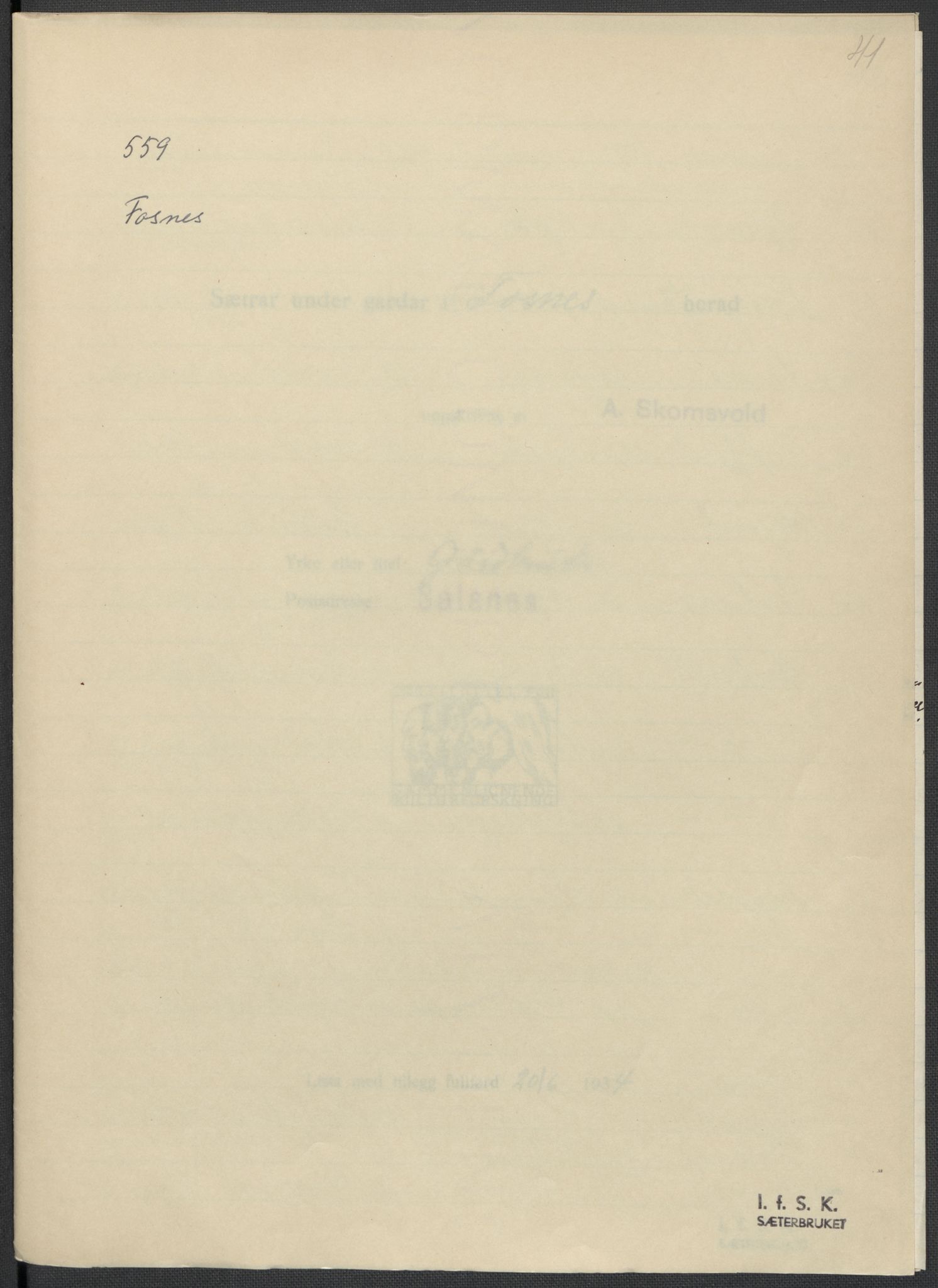 Instituttet for sammenlignende kulturforskning, AV/RA-PA-0424/F/Fc/L0015/0003: Eske B15: / Nord-Trøndelag (perm XLIV-XLV), 1933-1939, p. 1041