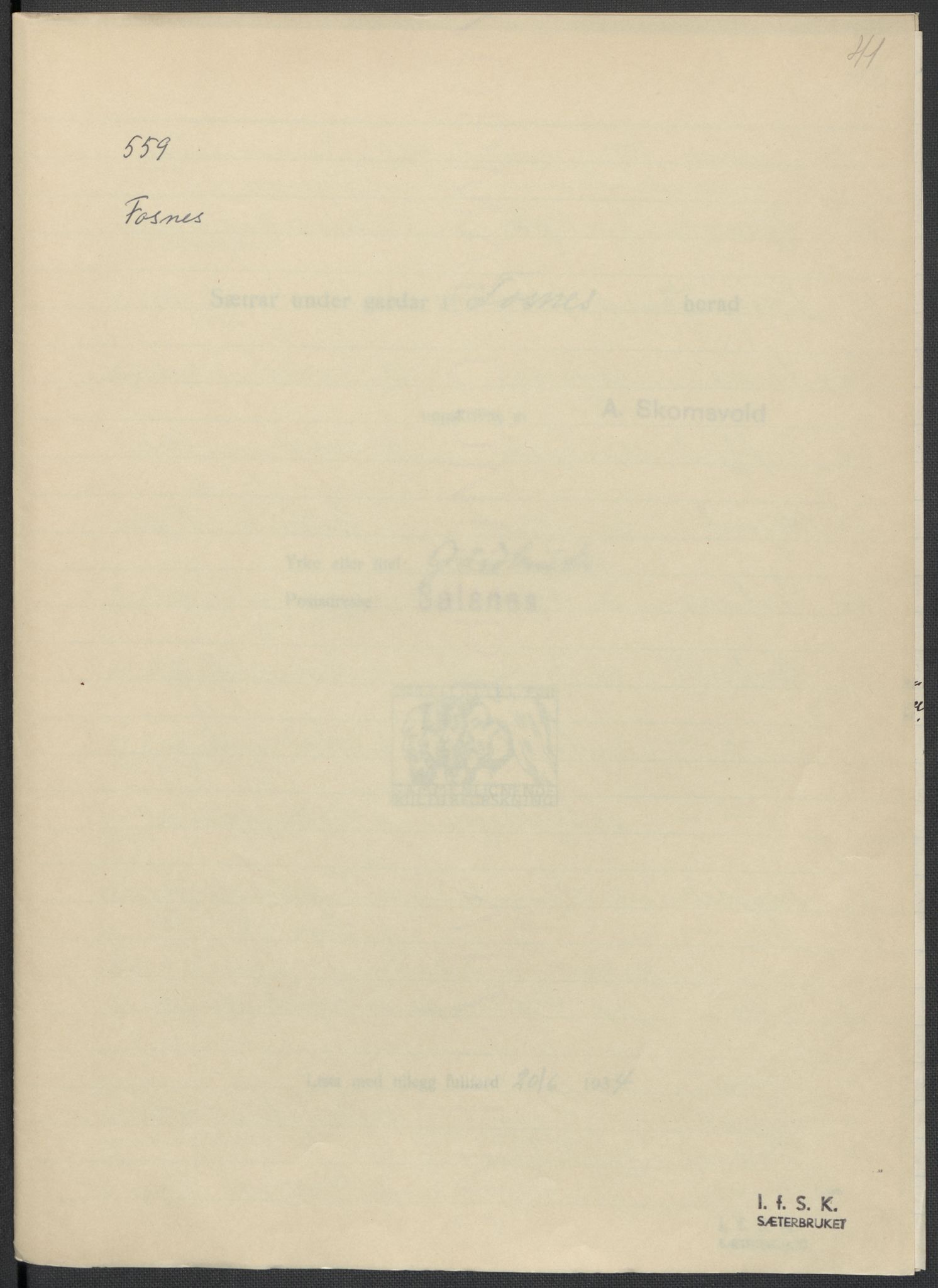 Instituttet for sammenlignende kulturforskning, RA/PA-0424/F/Fc/L0015/0003: Eske B15: / Nord-Trøndelag (perm XLIV-XLV), 1933-1939, p. 1041