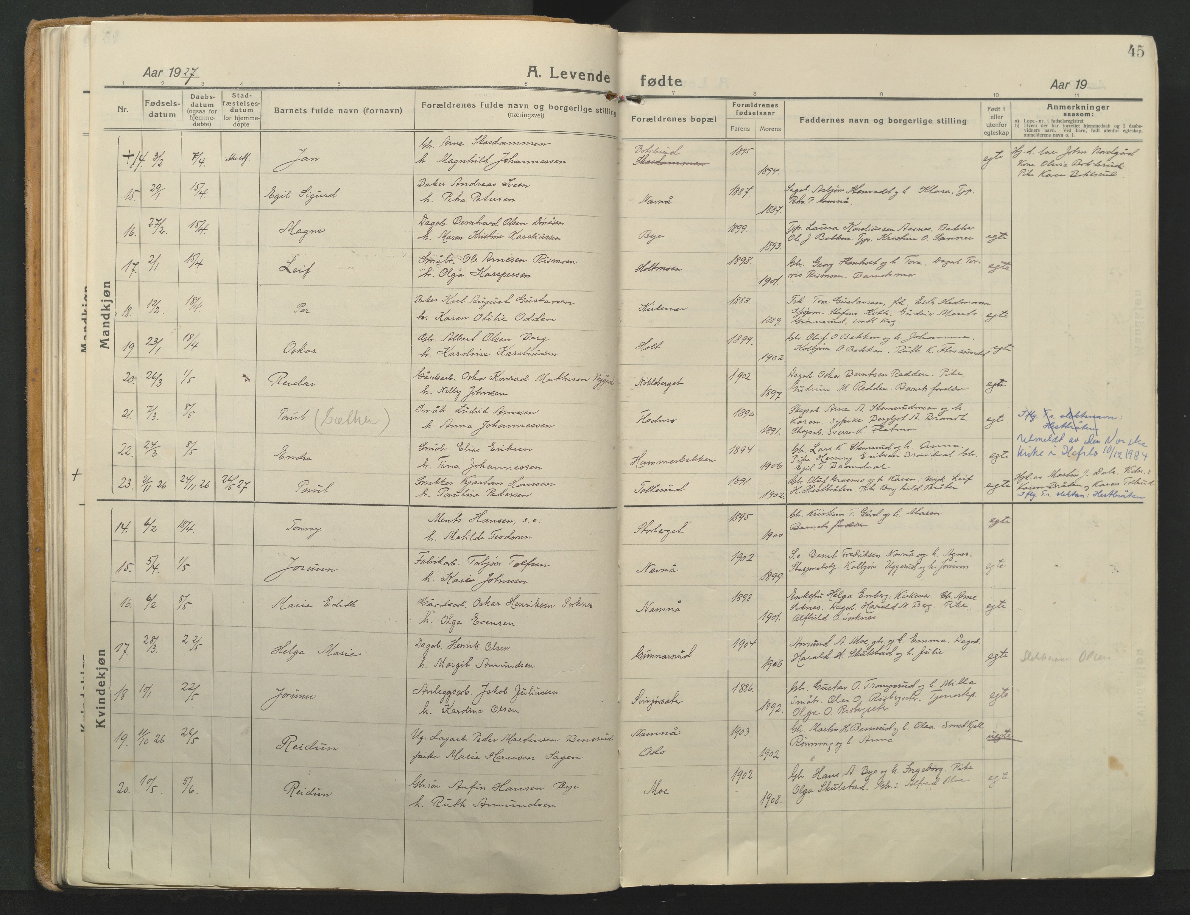 Grue prestekontor, AV/SAH-PREST-036/H/Ha/Haa/L0018: Parish register (official) no. 18, 1923-1940, p. 45