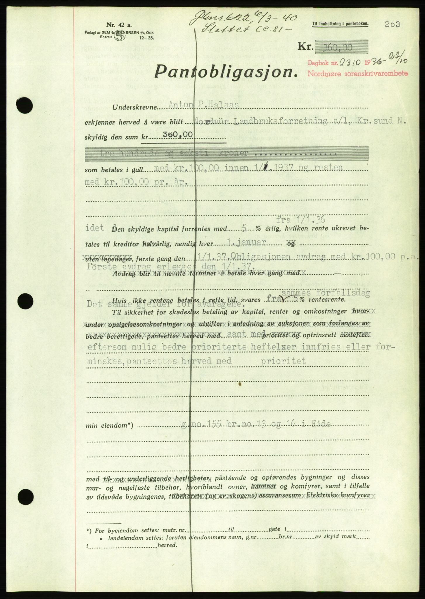 Nordmøre sorenskriveri, AV/SAT-A-4132/1/2/2Ca/L0090: Mortgage book no. B80, 1936-1937, Diary no: : 2310/1936