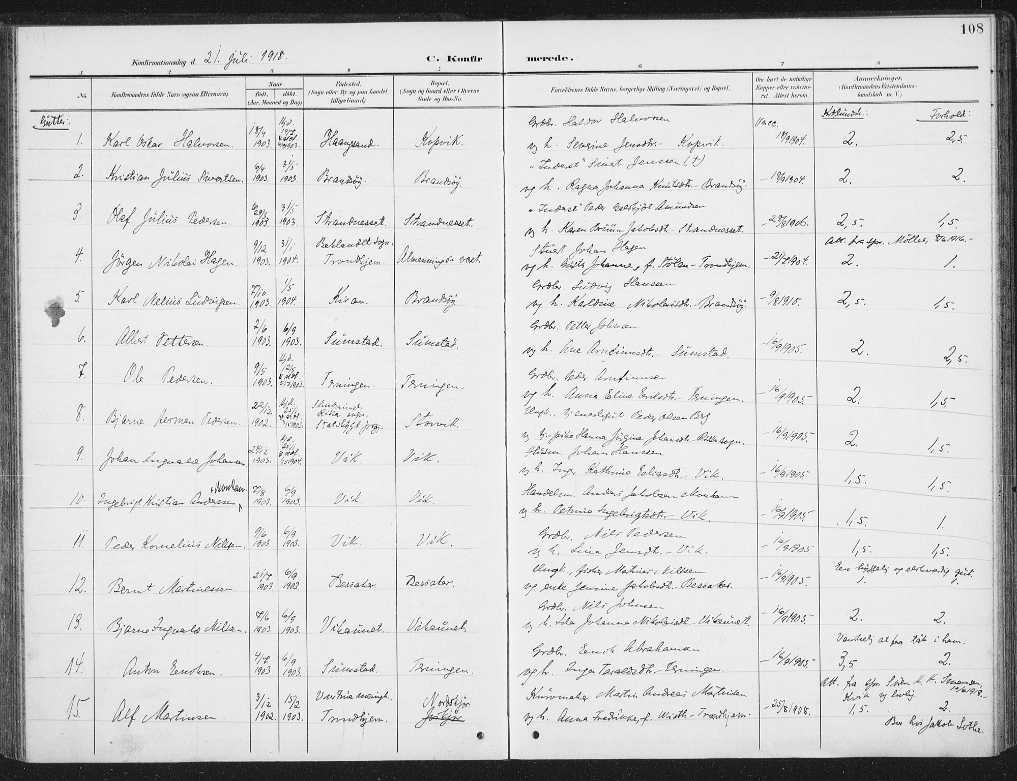 Ministerialprotokoller, klokkerbøker og fødselsregistre - Sør-Trøndelag, SAT/A-1456/657/L0709: Parish register (official) no. 657A10, 1905-1919, p. 108