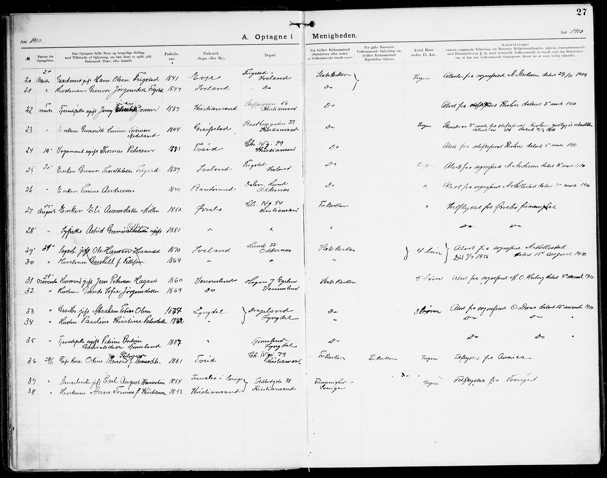 Den evangelisk-lutherske frikirke, Kristiansand, AV/SAK-1292-0017/F/Fa/L0003: Dissenter register no. F 11, 1892-1925, p. 27