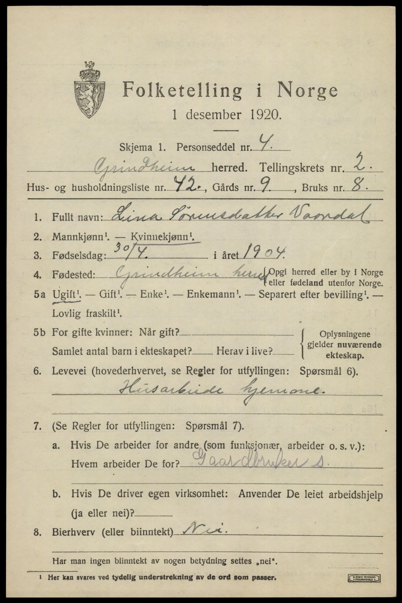 SAK, 1920 census for Grindheim, 1920, p. 875