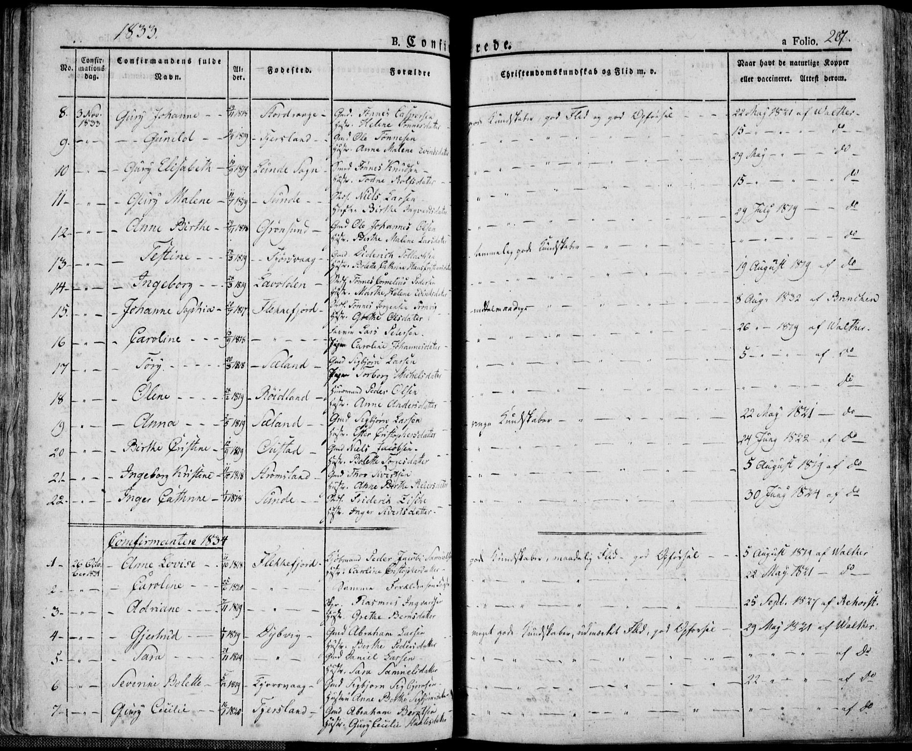 Flekkefjord sokneprestkontor, SAK/1111-0012/F/Fa/Fac/L0003: Parish register (official) no. A 3, 1826-1841, p. 207