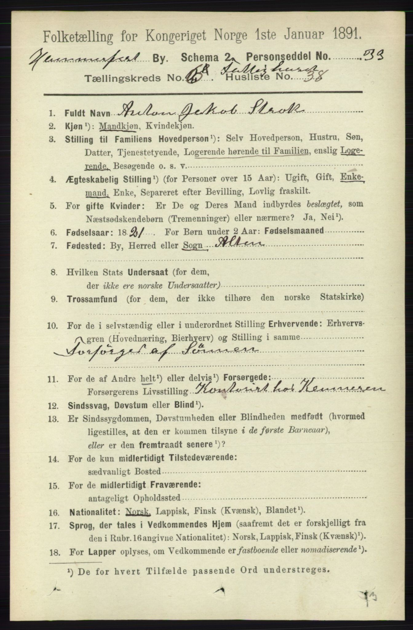 RA, 1891 census for 2001 Hammerfest, 1891, p. 2200