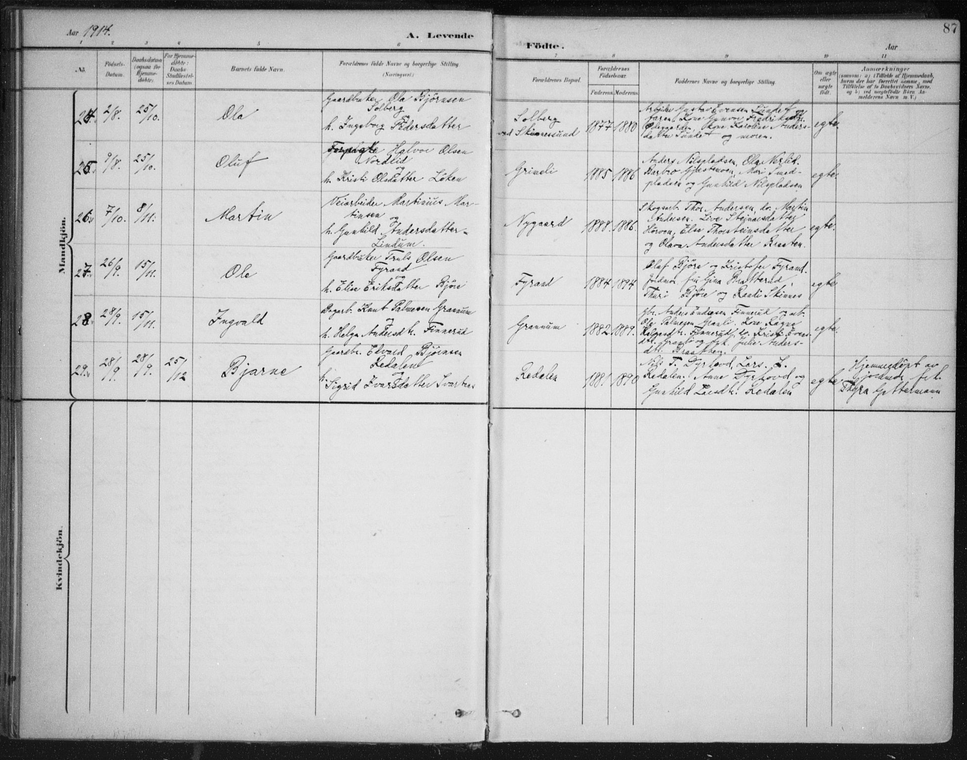 Krødsherad kirkebøker, AV/SAKO-A-19/F/Fa/L0007: Parish register (official) no. 7, 1900-1915, p. 87