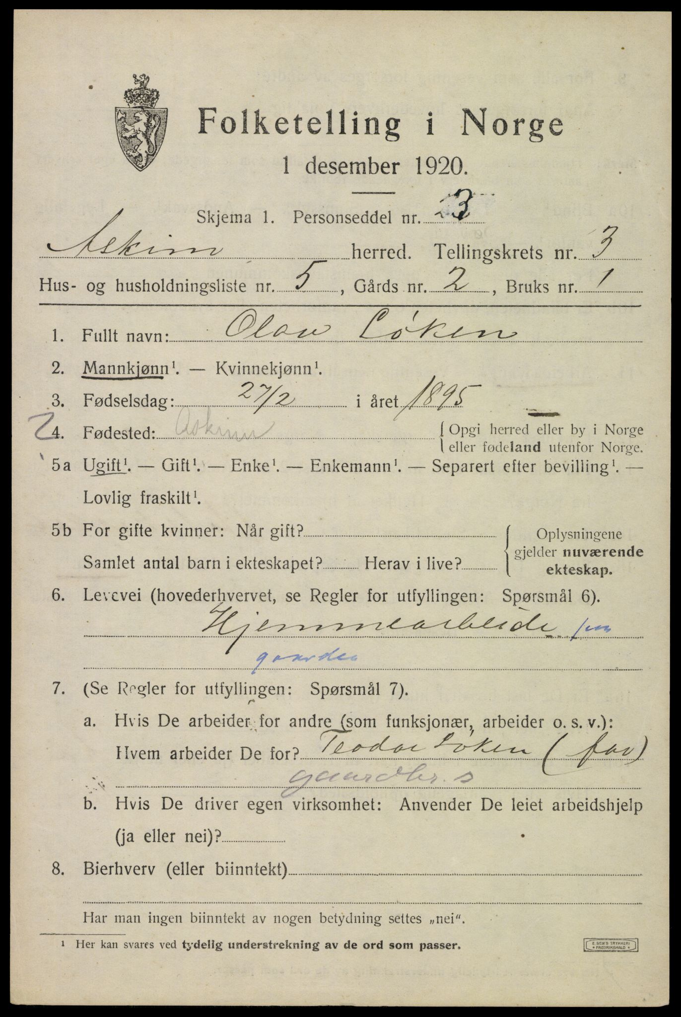 SAO, 1920 census for Askim, 1920, p. 6791