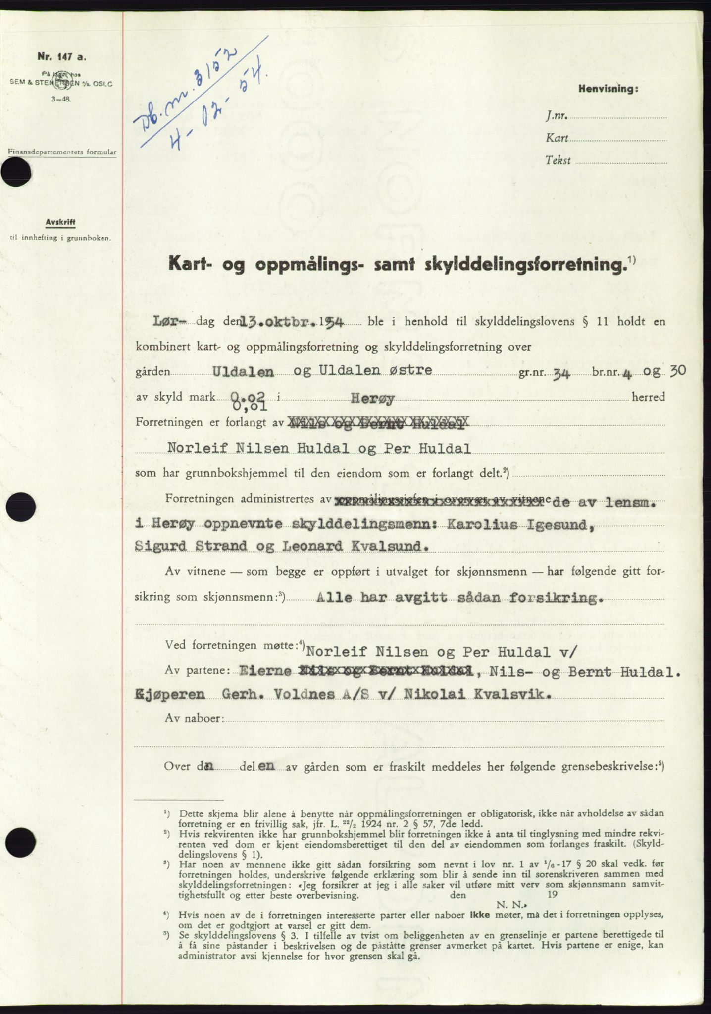 Søre Sunnmøre sorenskriveri, AV/SAT-A-4122/1/2/2C/L0099: Mortgage book no. 25A, 1954-1954, Diary no: : 3152/1954