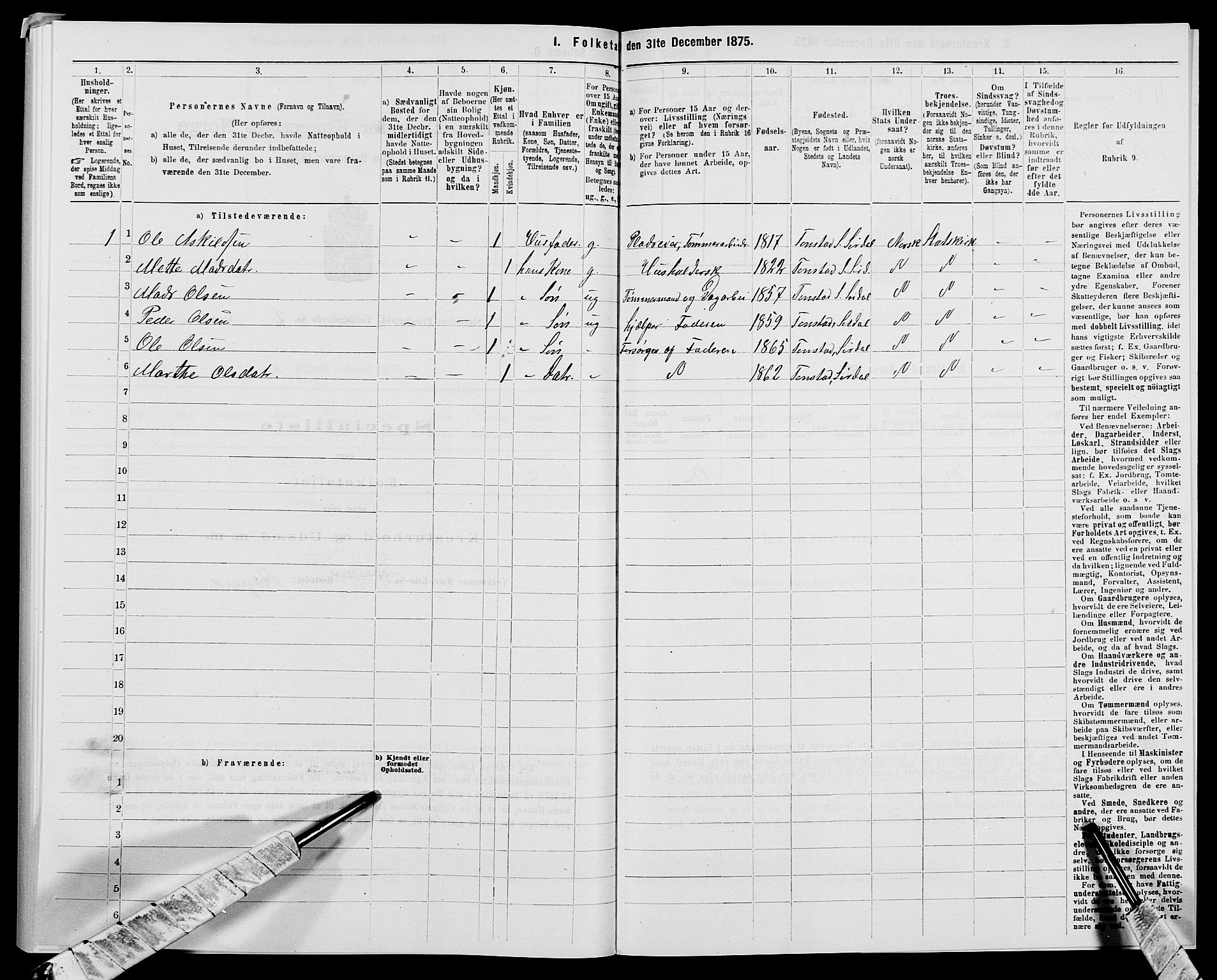 SAK, 1875 census for 1046P Sirdal, 1875, p. 267