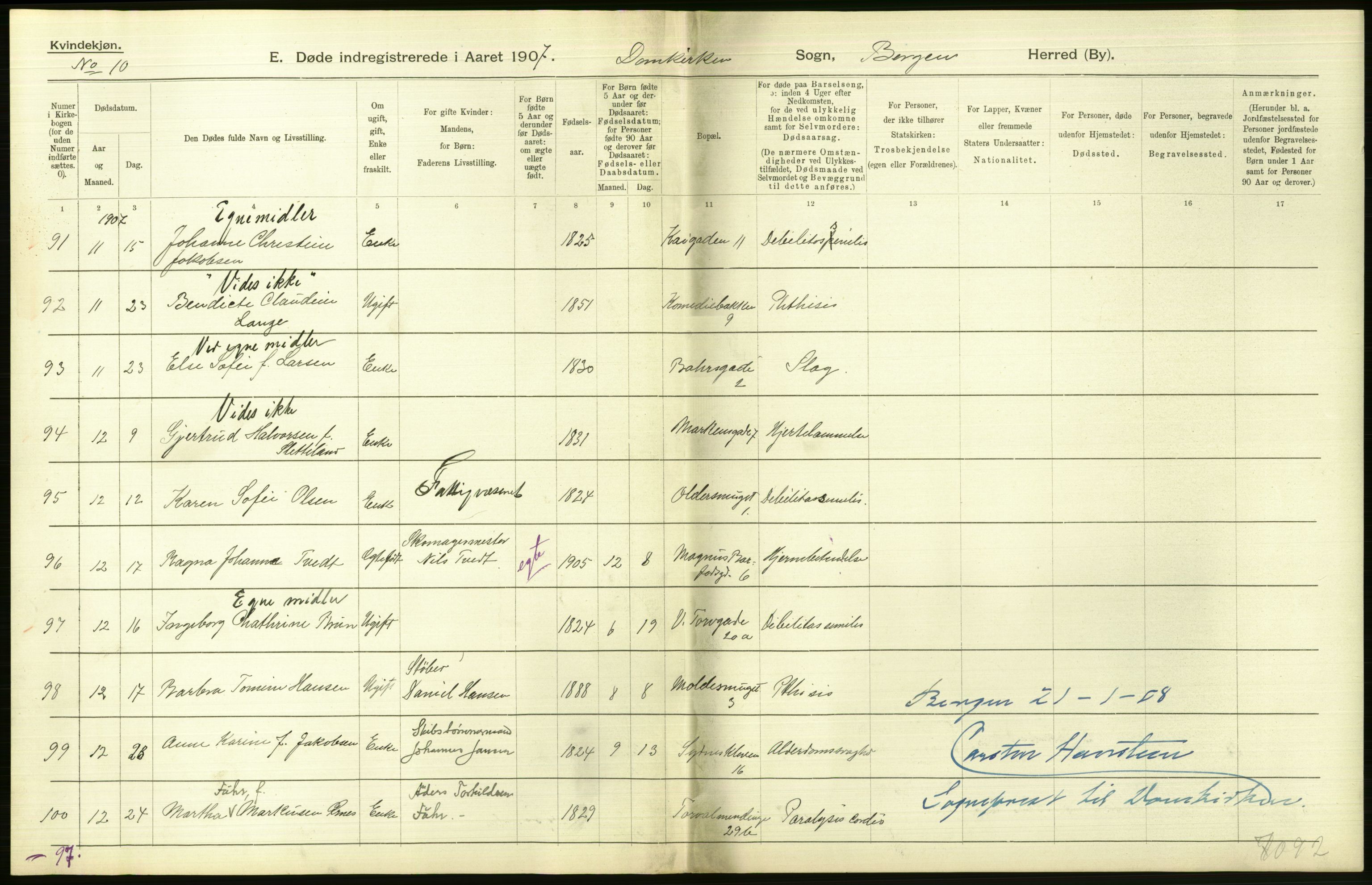 Statistisk sentralbyrå, Sosiodemografiske emner, Befolkning, RA/S-2228/D/Df/Dfa/Dfae/L0031: Bergen: gifte, døde, dødfødte., 1907, p. 294