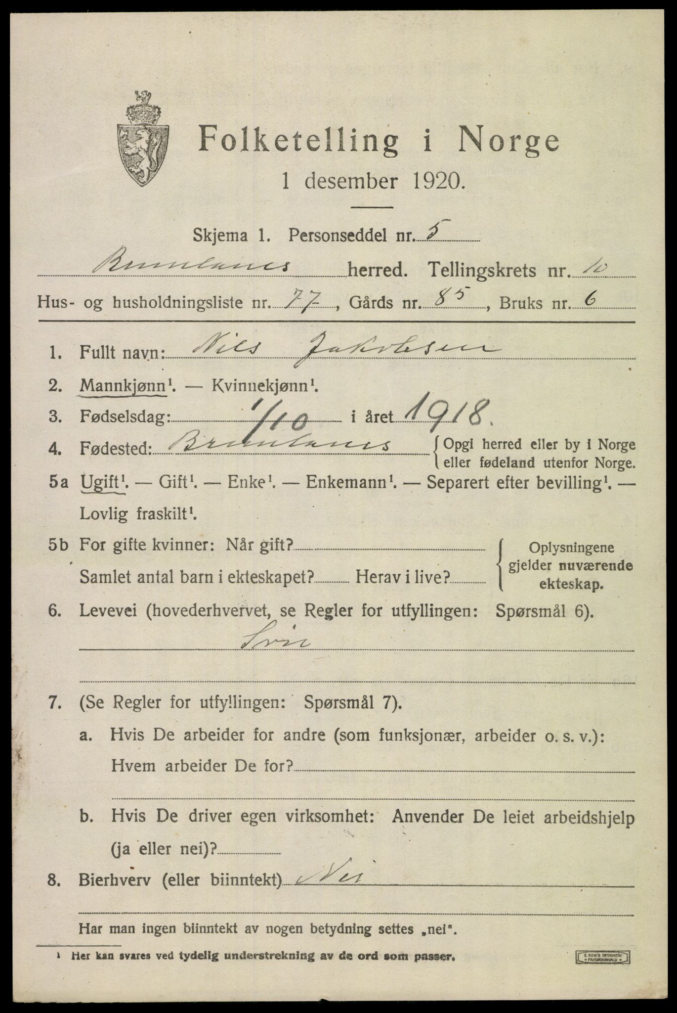 SAKO, 1920 census for Brunlanes, 1920, p. 9249