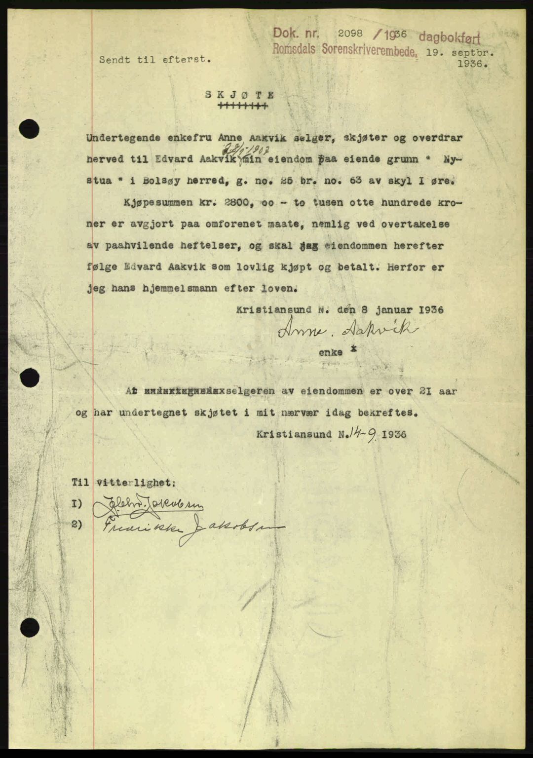 Romsdal sorenskriveri, SAT/A-4149/1/2/2C: Mortgage book no. A2, 1936-1937, Diary no: : 2098/1936