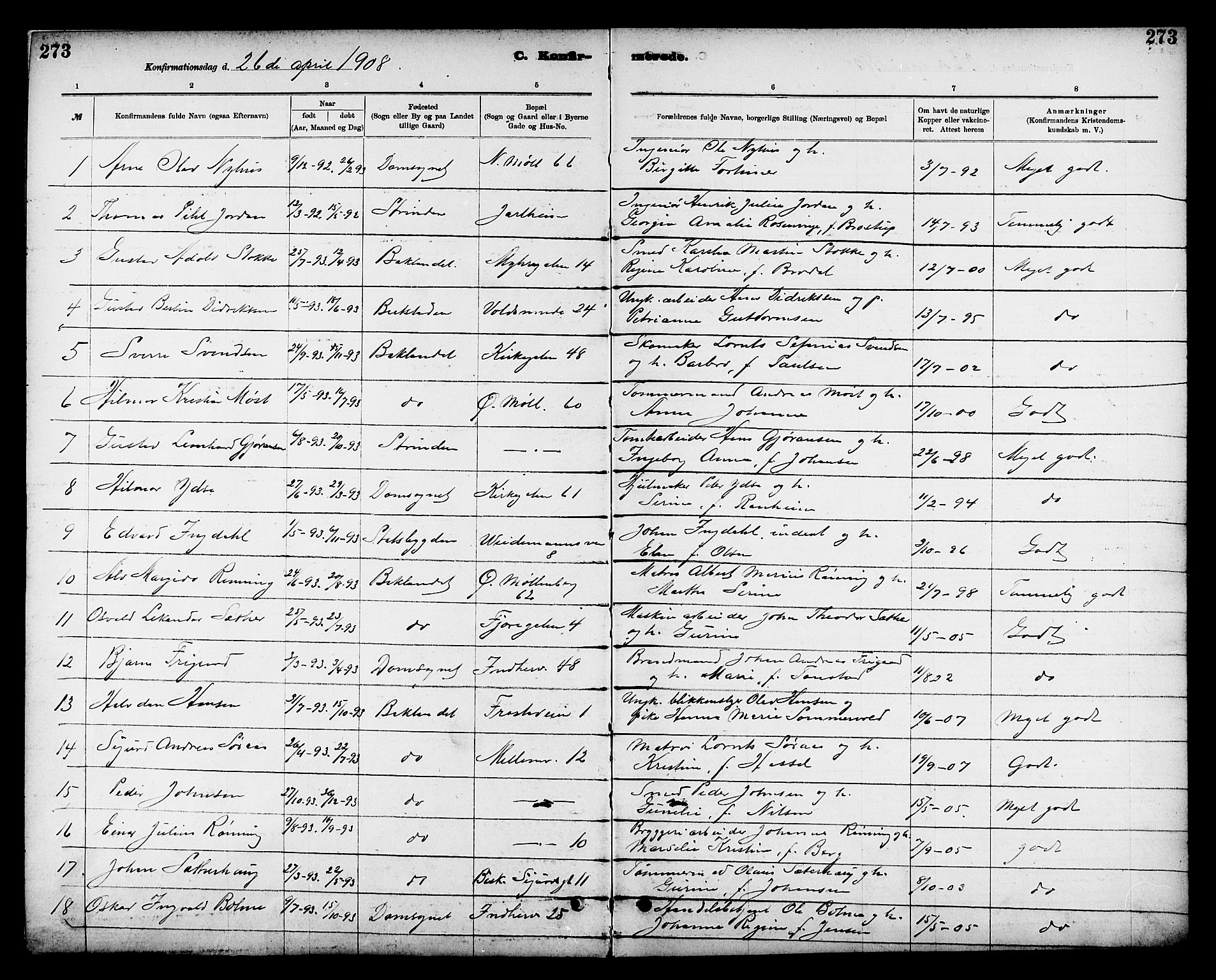 Ministerialprotokoller, klokkerbøker og fødselsregistre - Sør-Trøndelag, SAT/A-1456/605/L0254: Parish register (copy) no. 605C01, 1908-1916, p. 273