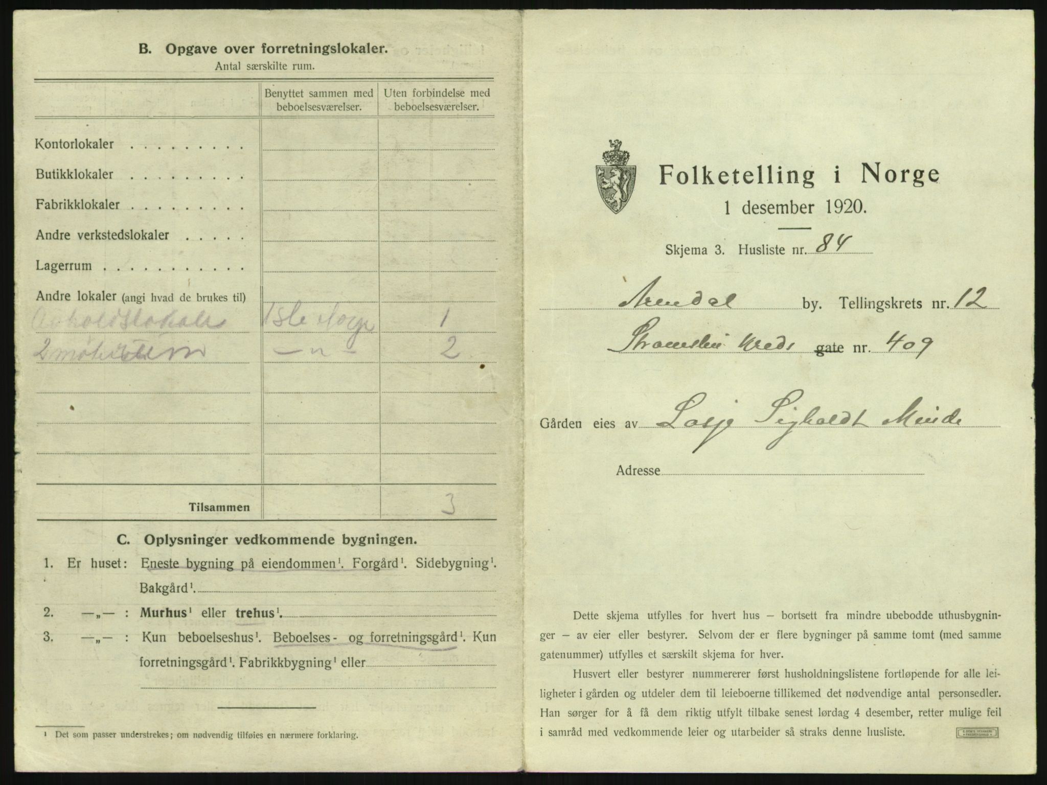 SAK, 1920 census for Arendal, 1920, p. 1822