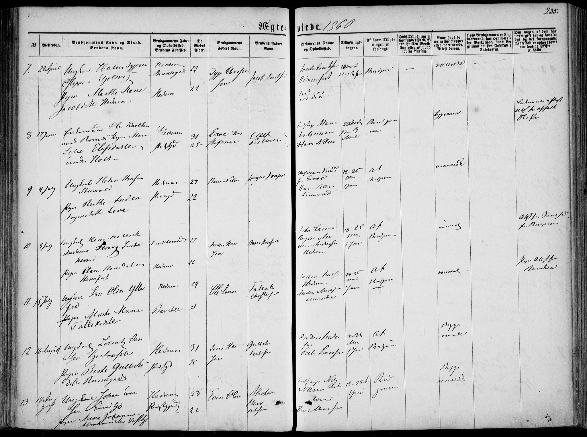 Hedrum kirkebøker, AV/SAKO-A-344/F/Fa/L0007: Parish register (official) no. I 7, 1857-1868, p. 235