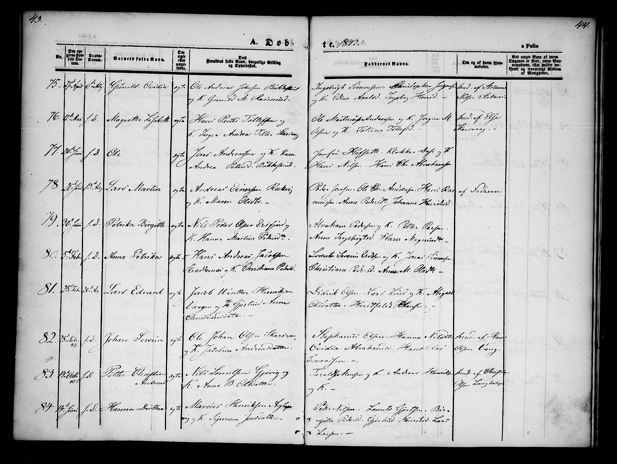 Lenvik sokneprestembete, AV/SATØ-S-1310/H/Ha/Haa/L0005kirke: Parish register (official) no. 5, 1842-1844, p. 43-44