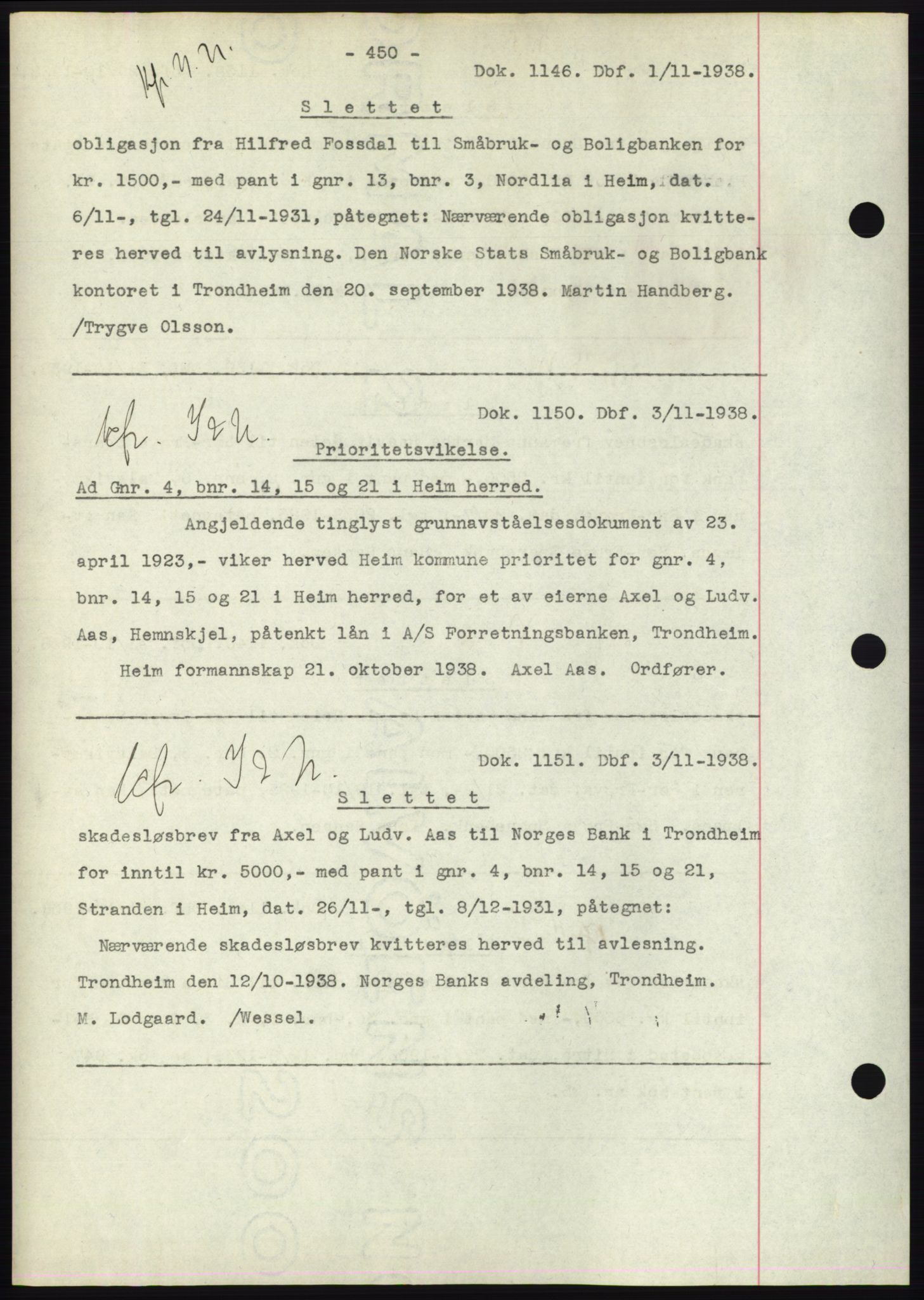 Hitra sorenskriveri, AV/SAT-A-0018/2/2C/2Ca: Mortgage book no. C1, 1936-1945, Diary no: : 1146/1938