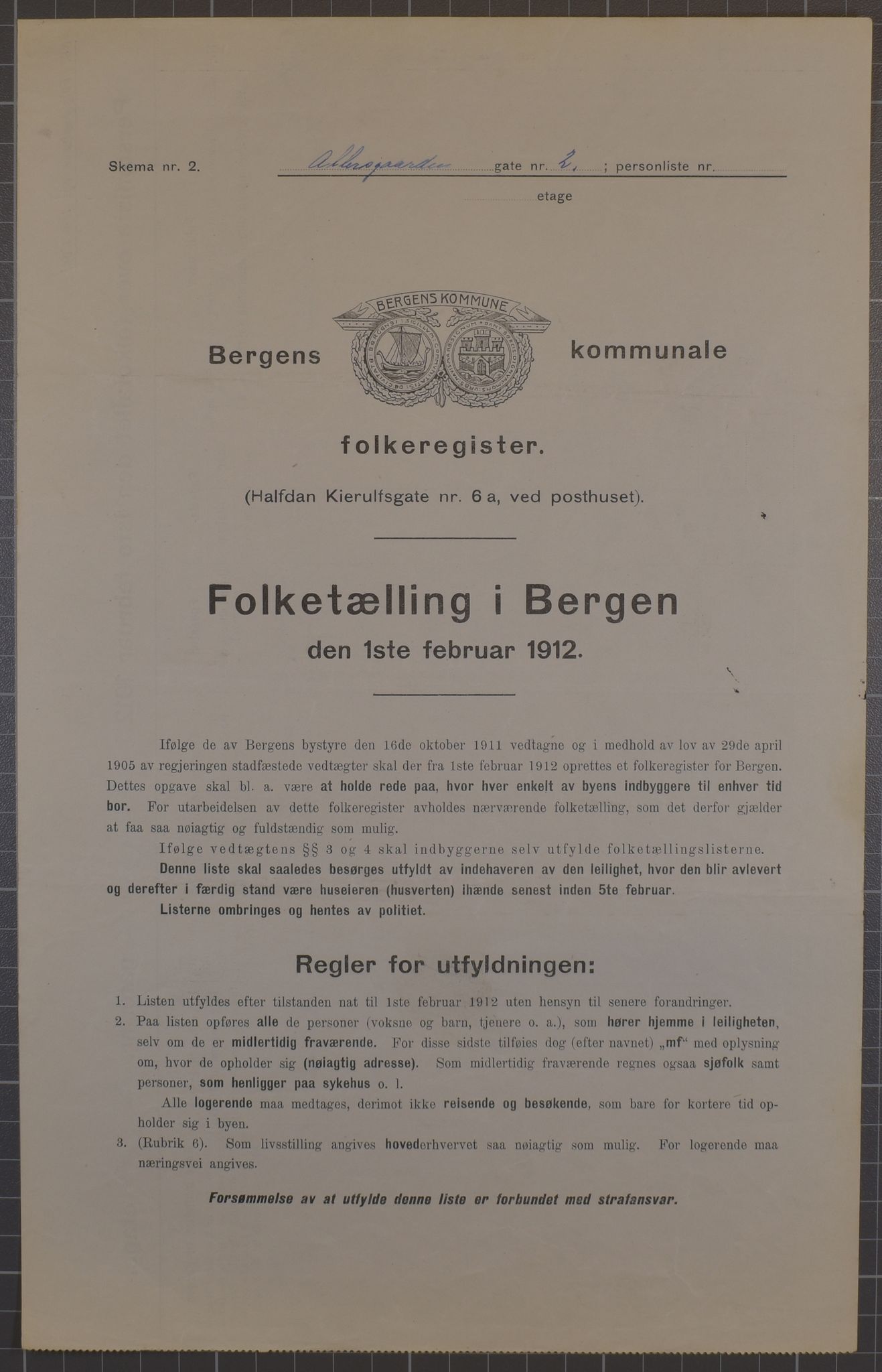 SAB, Municipal Census 1912 for Bergen, 1912, p. 1447