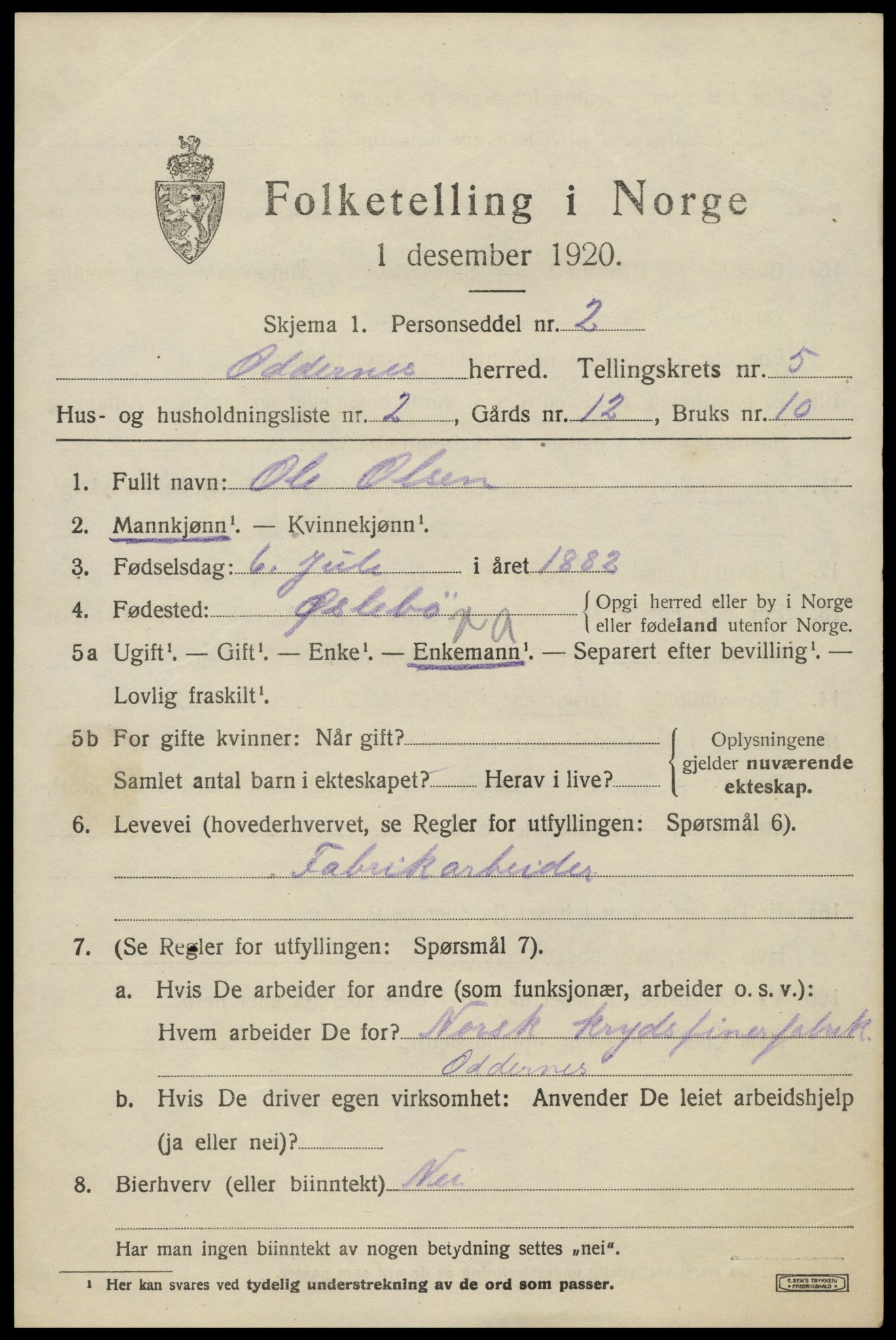 SAK, 1920 census for Oddernes, 1920, p. 4455