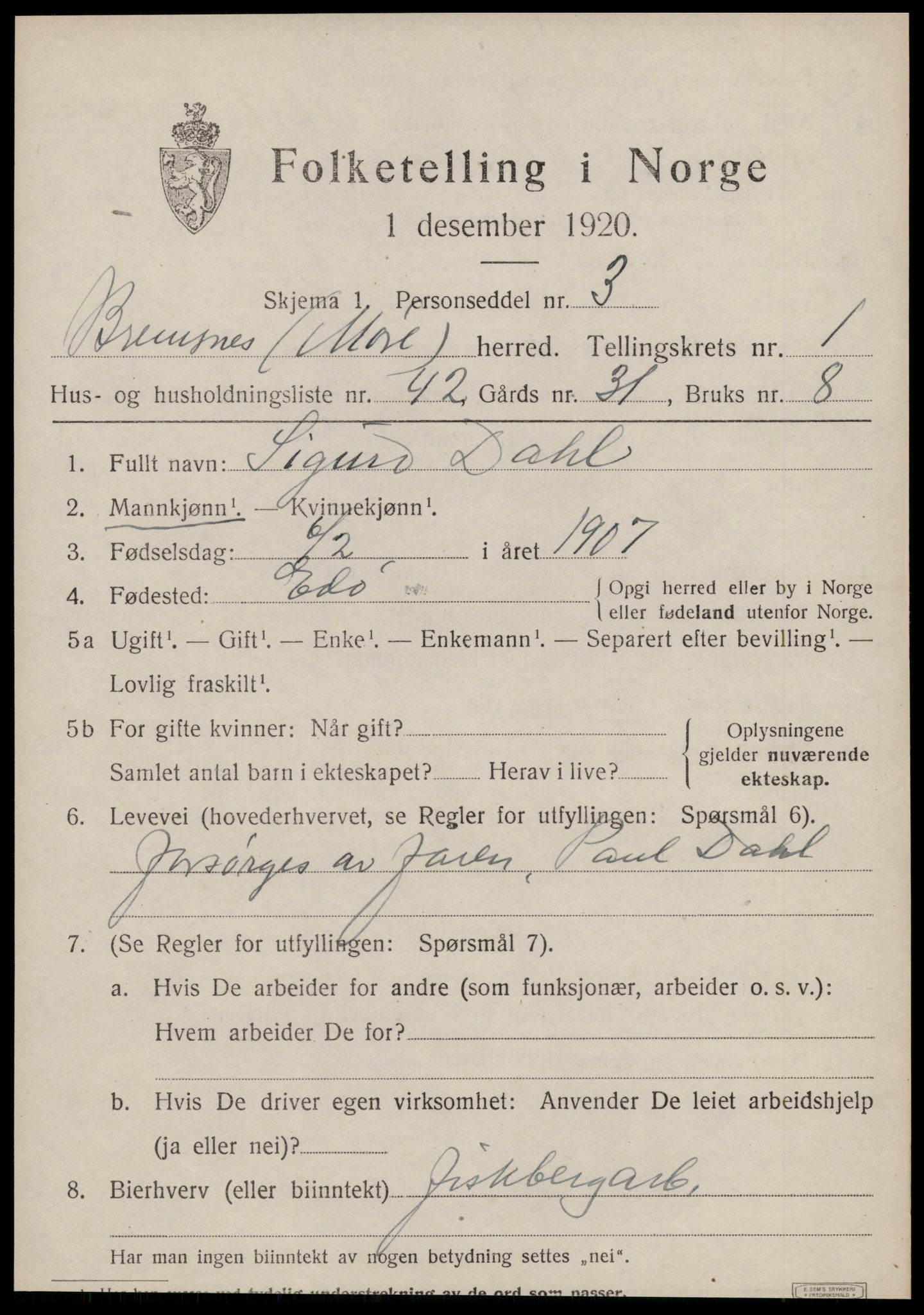 SAT, 1920 census for Bremsnes, 1920, p. 2017
