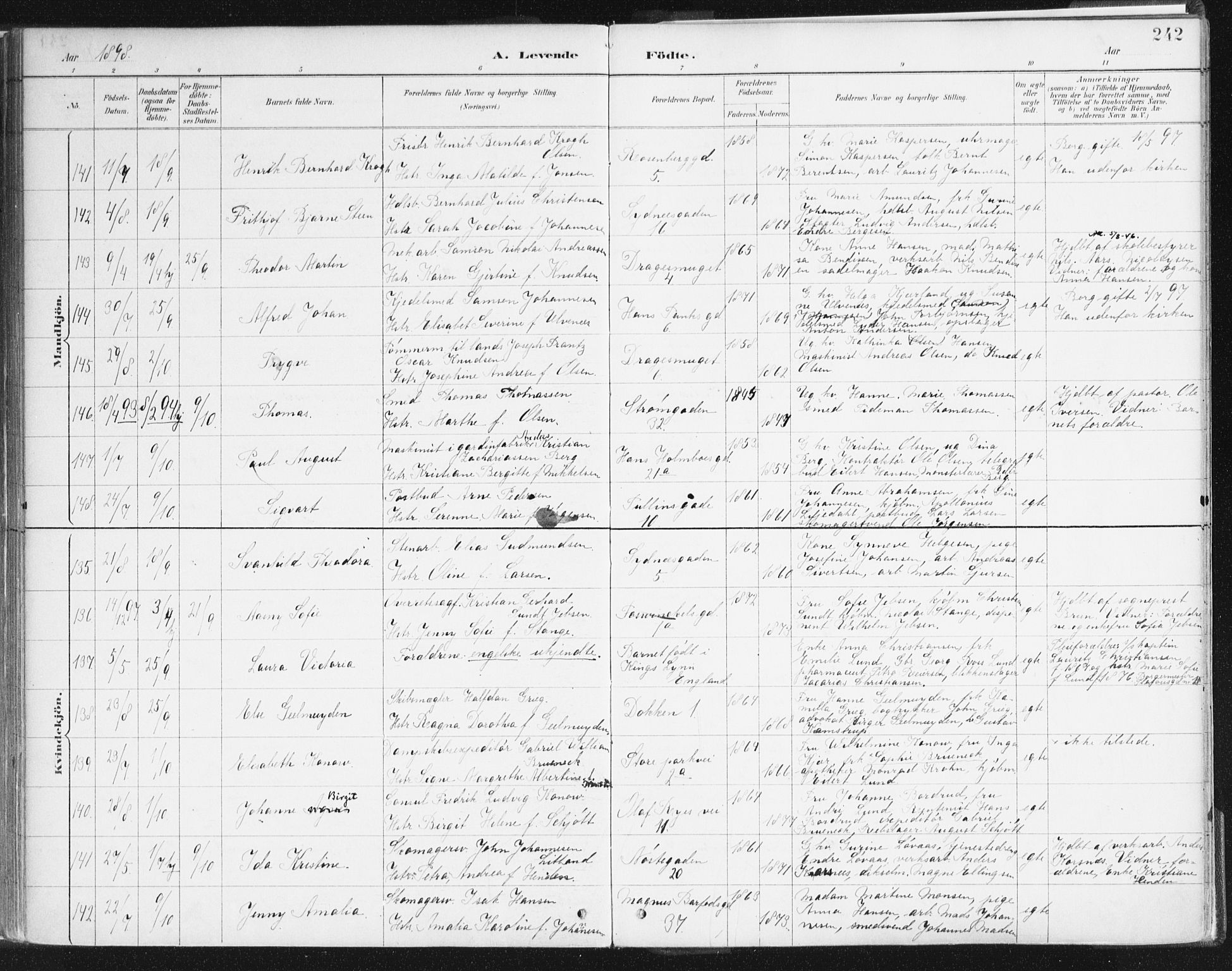 Johanneskirken sokneprestembete, AV/SAB-A-76001/H/Haa/L0001: Parish register (official) no. A 1, 1885-1900, p. 242