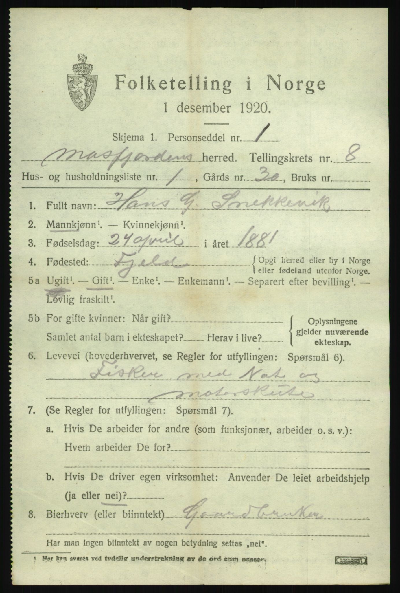 SAB, 1920 census for Masfjorden, 1920, p. 3069