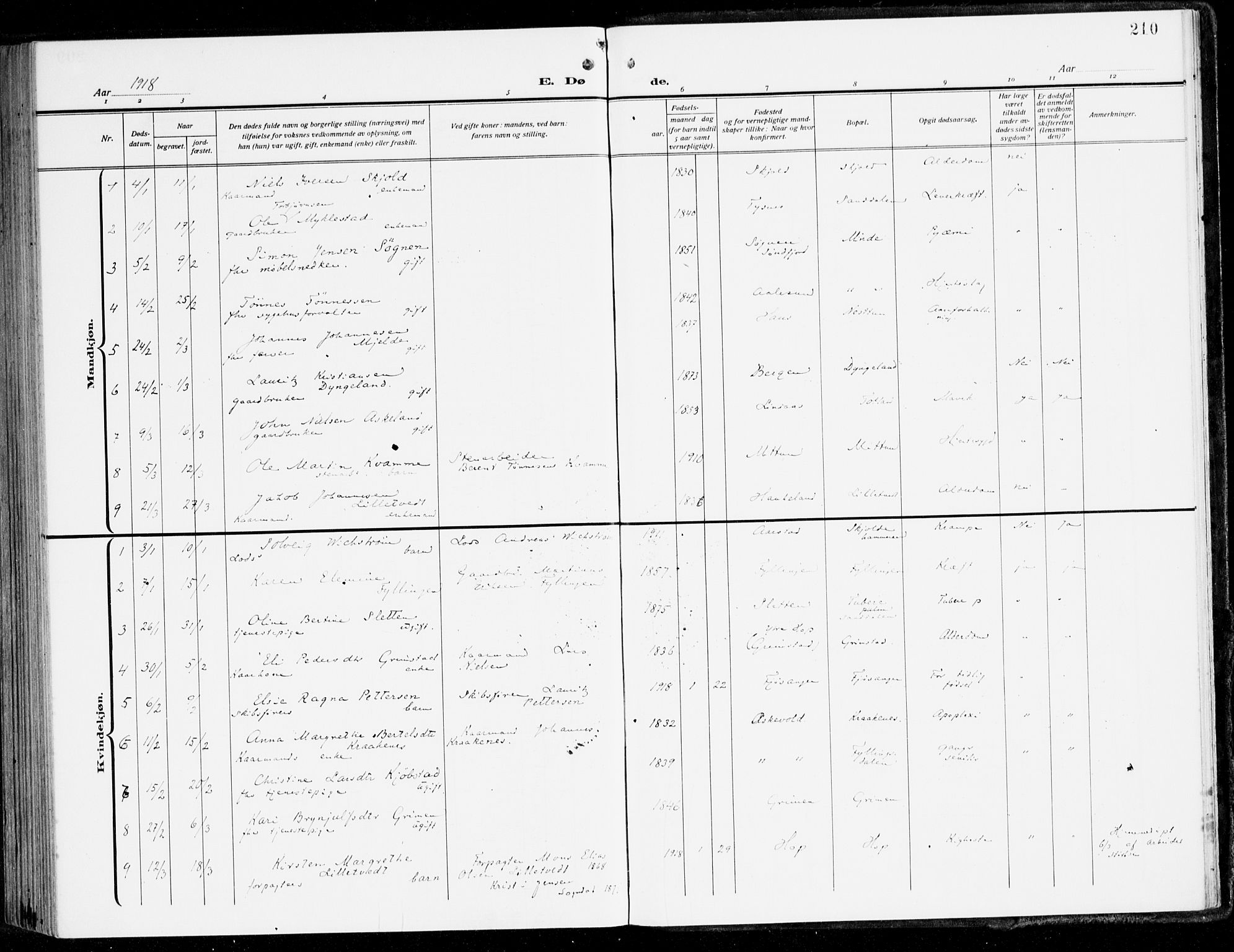 Fana Sokneprestembete, SAB/A-75101/H/Haa/Haai/L0004: Parish register (official) no. I 4, 1912-1933, p. 210