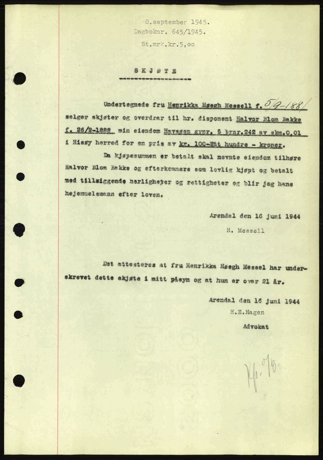 Nedenes sorenskriveri, SAK/1221-0006/G/Gb/Gba/L0052: Mortgage book no. A6a, 1944-1945, Diary no: : 645/1945