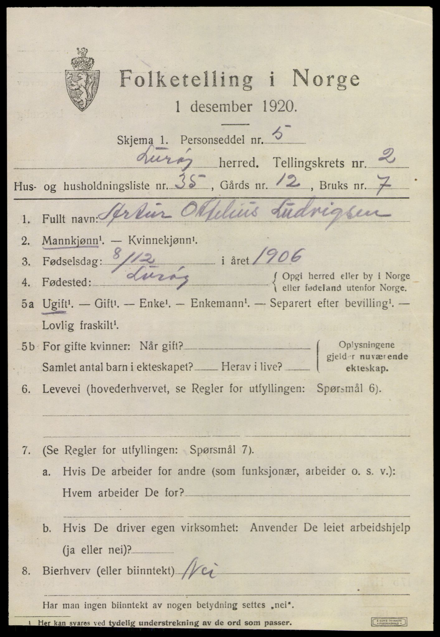 SAT, 1920 census for Lurøy, 1920, p. 1803