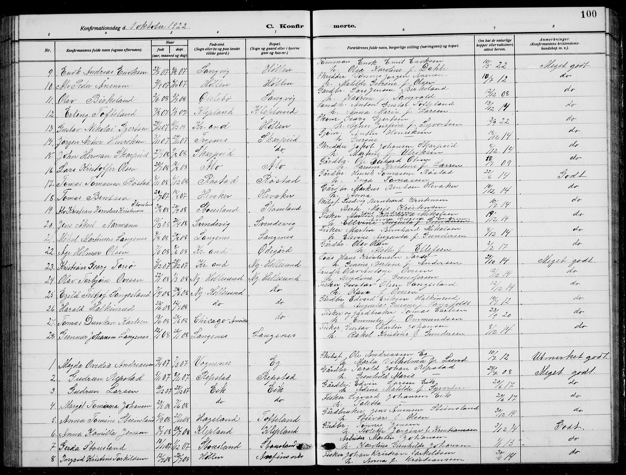 Søgne sokneprestkontor, SAK/1111-0037/F/Fb/Fbb/L0007: Parish register (copy) no. B 7, 1912-1931, p. 100
