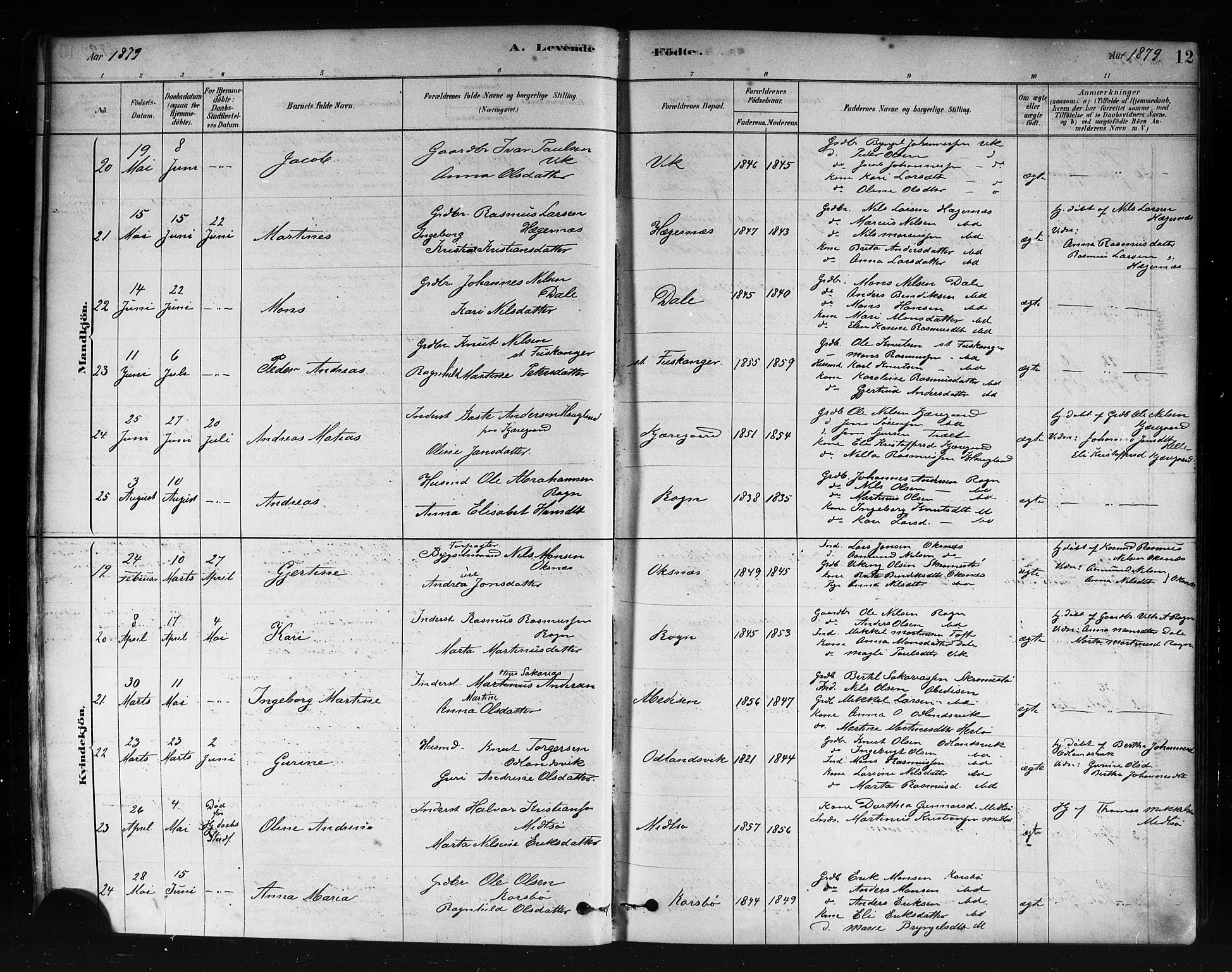 Herdla Sokneprestembete, AV/SAB-A-75701/H/Haa: Parish register (official) no. A 3, 1878-1890, p. 12