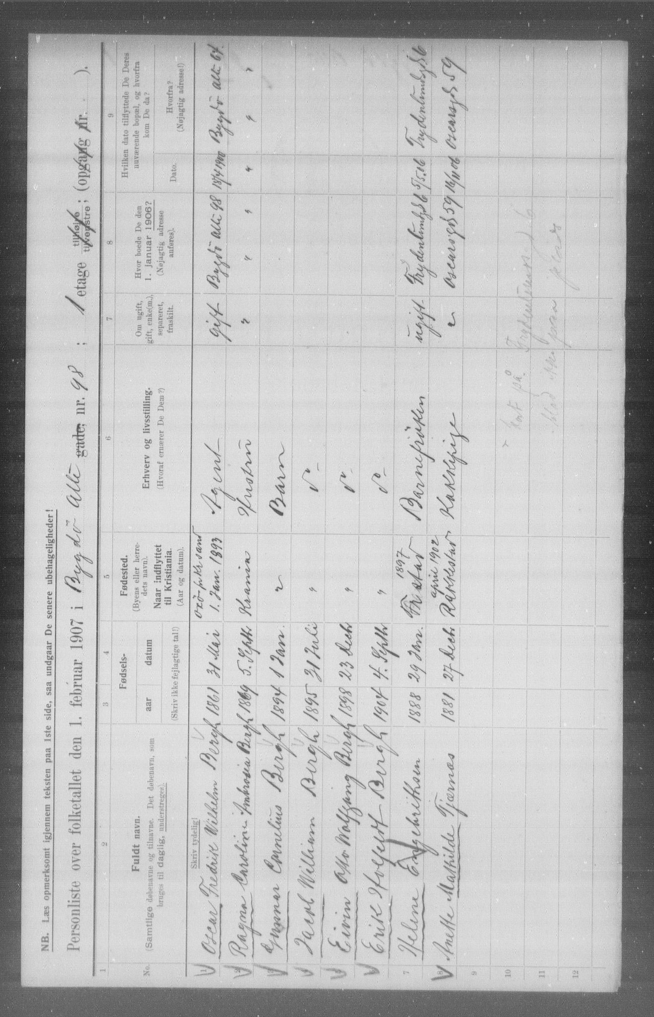 OBA, Municipal Census 1907 for Kristiania, 1907, p. 5697