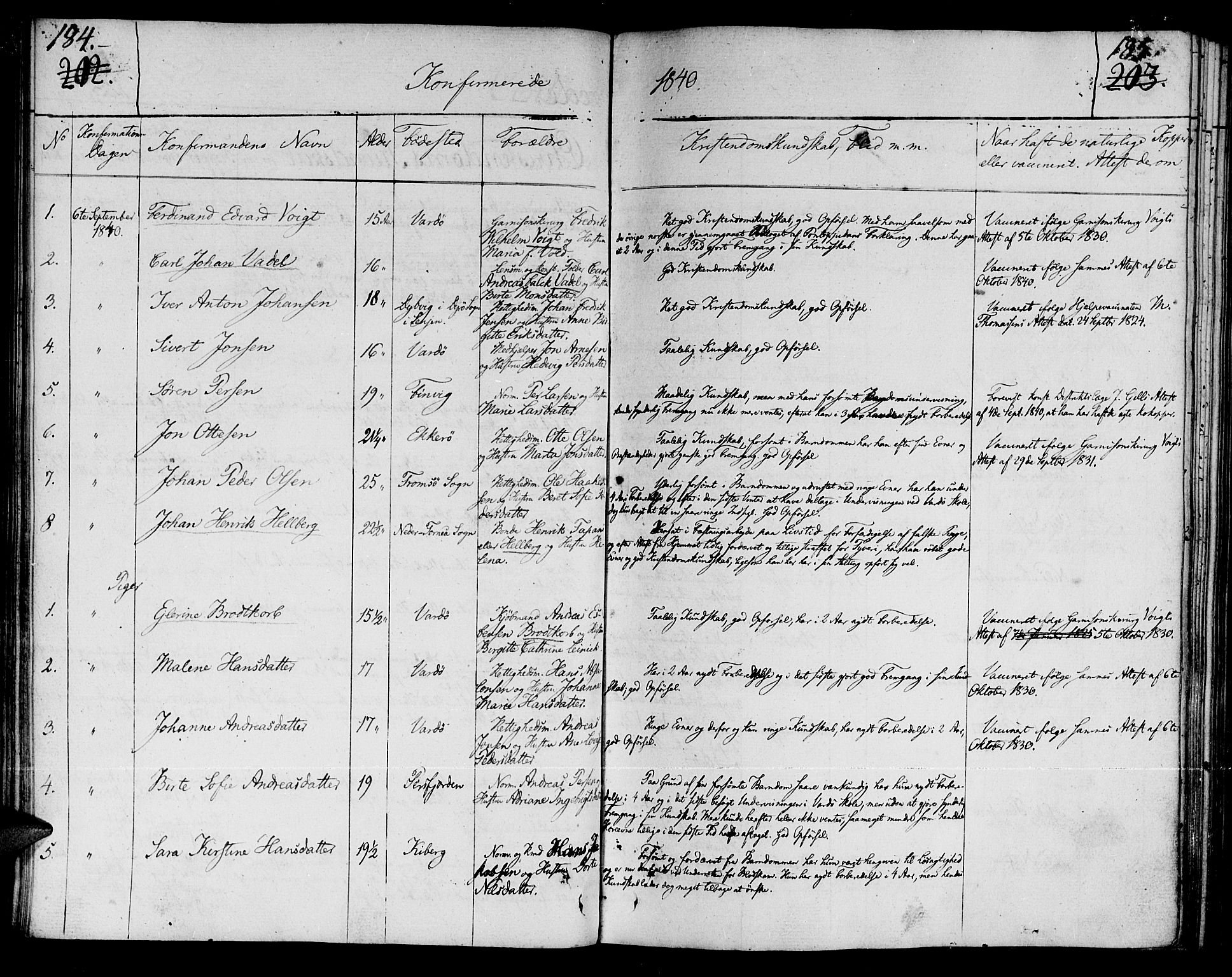 Vardø sokneprestkontor, AV/SATØ-S-1332/H/Ha/L0002kirke: Parish register (official) no. 2, 1805-1842, p. 184-185