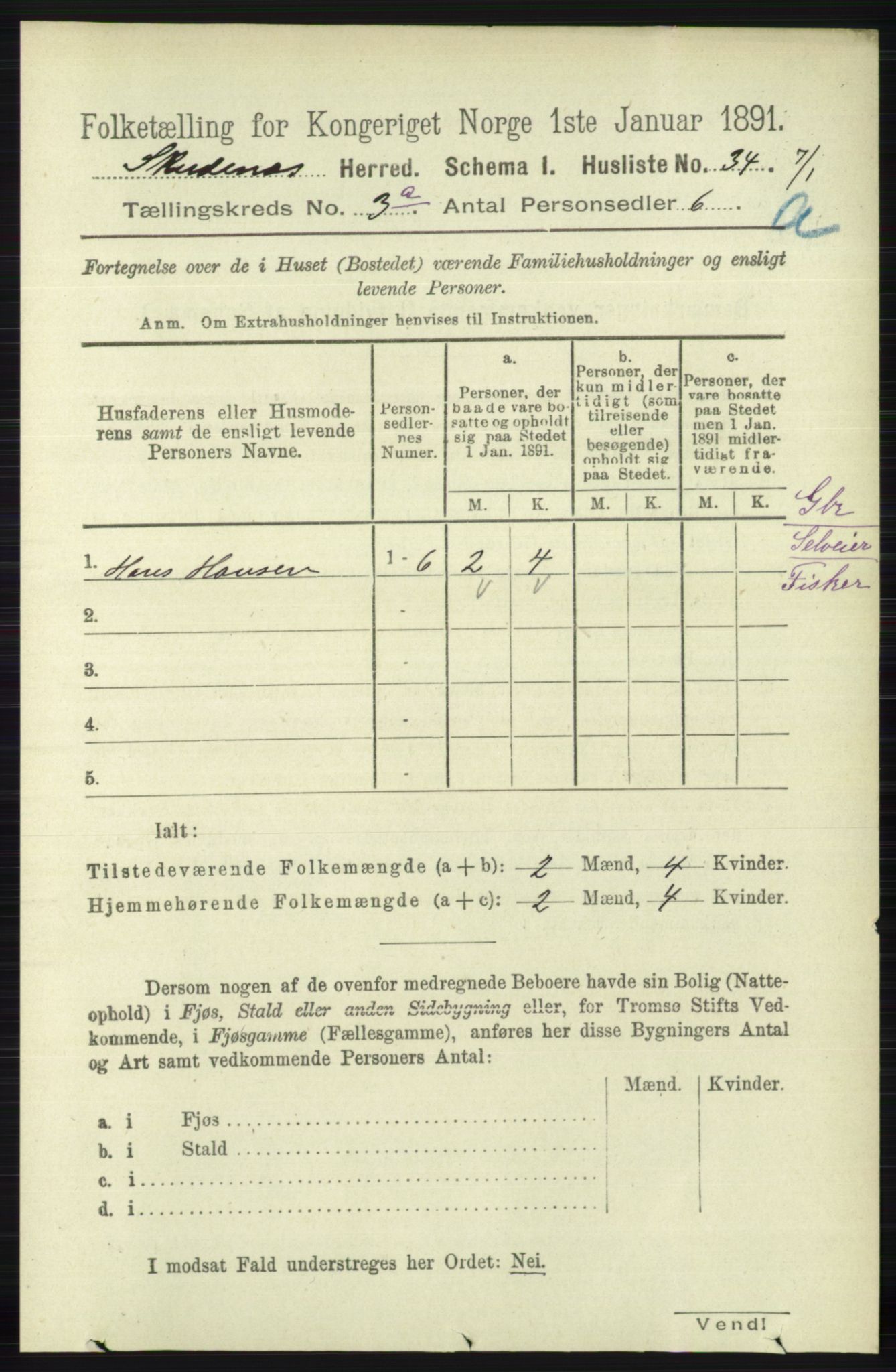 RA, 1891 census for 1150 Skudenes, 1891, p. 1364