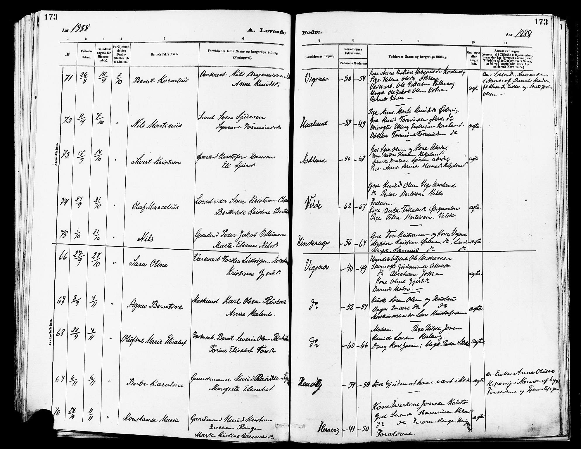 Avaldsnes sokneprestkontor, AV/SAST-A -101851/H/Ha/Haa/L0014: Parish register (official) no. A 14, 1880-1889, p. 173