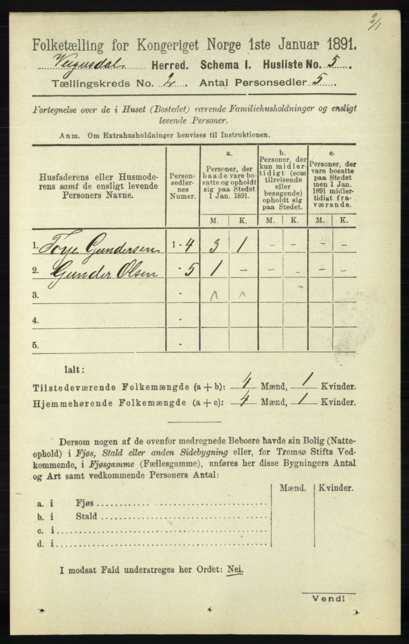 RA, 1891 census for 0934 Vegusdal, 1891, p. 294